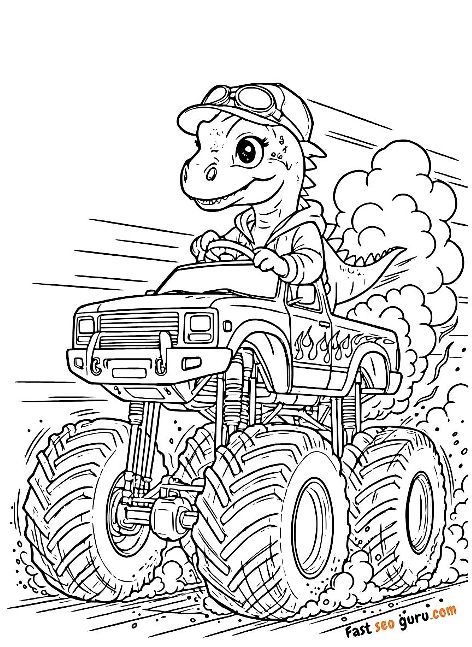 Cute Dinosaur Monster Truck Coloring Page – Free Printable For Kids