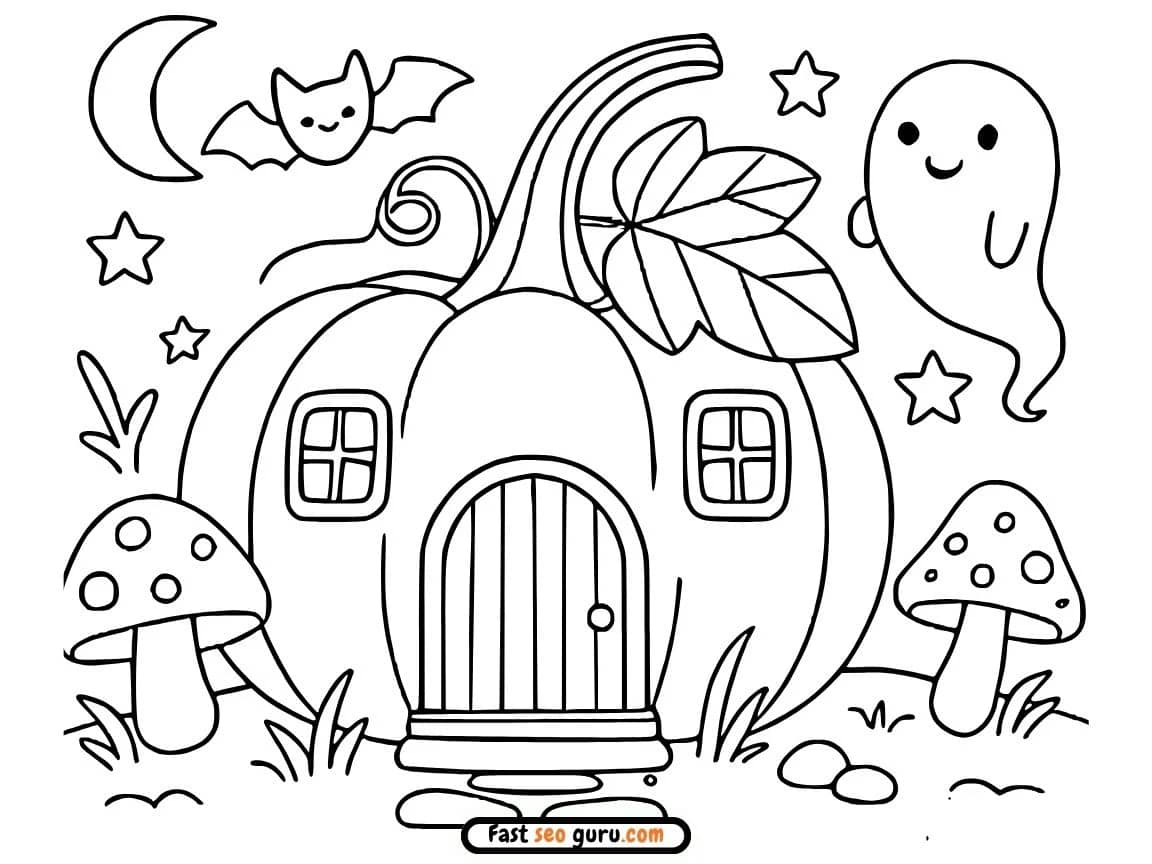 Free Printable Halloween Pumpkin House Ghost Bat Coloring Pages.pdf