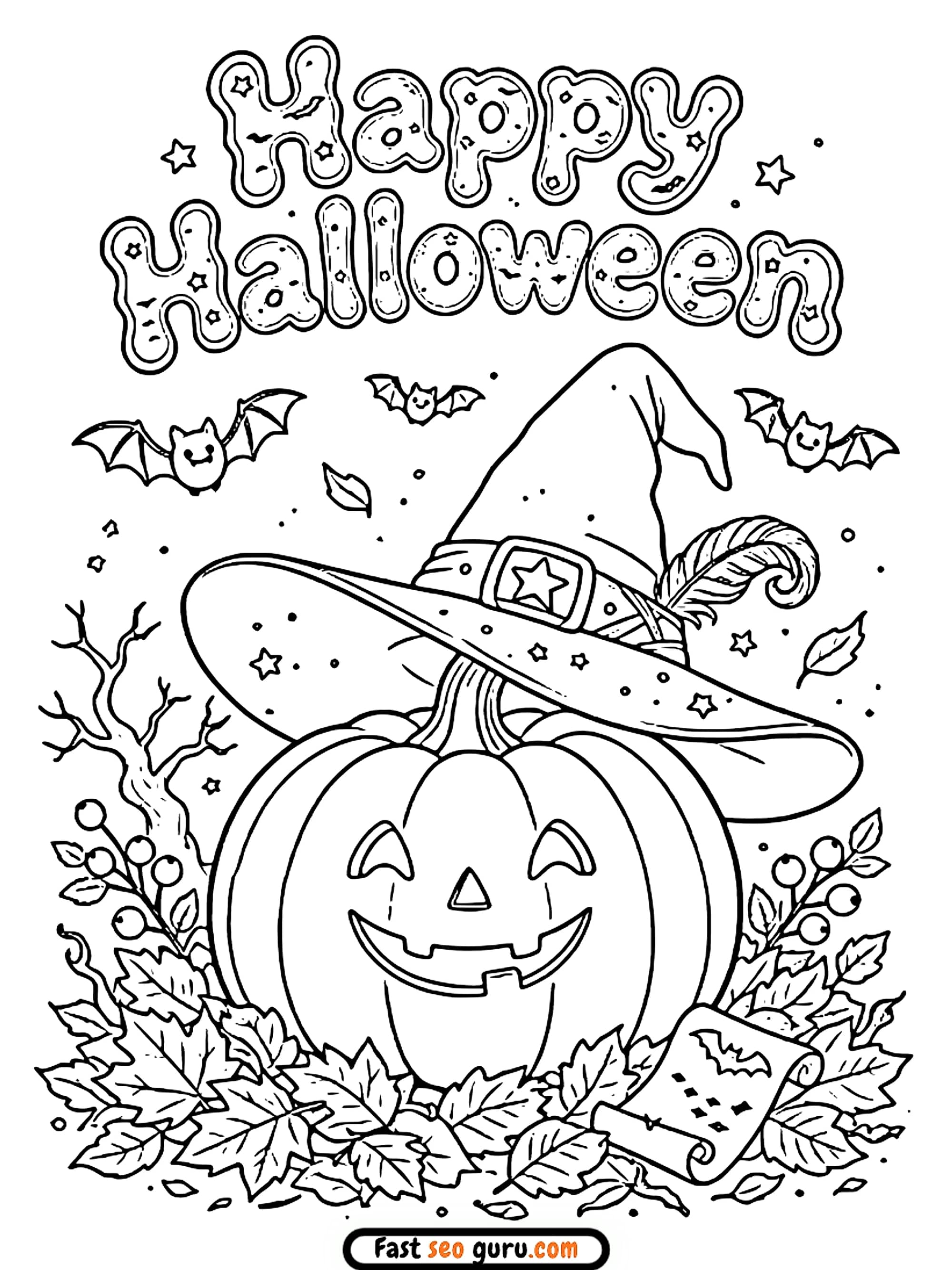 Free Printable Happy Halloween Pumpkin Witch Hat Coloring Pages.pdf