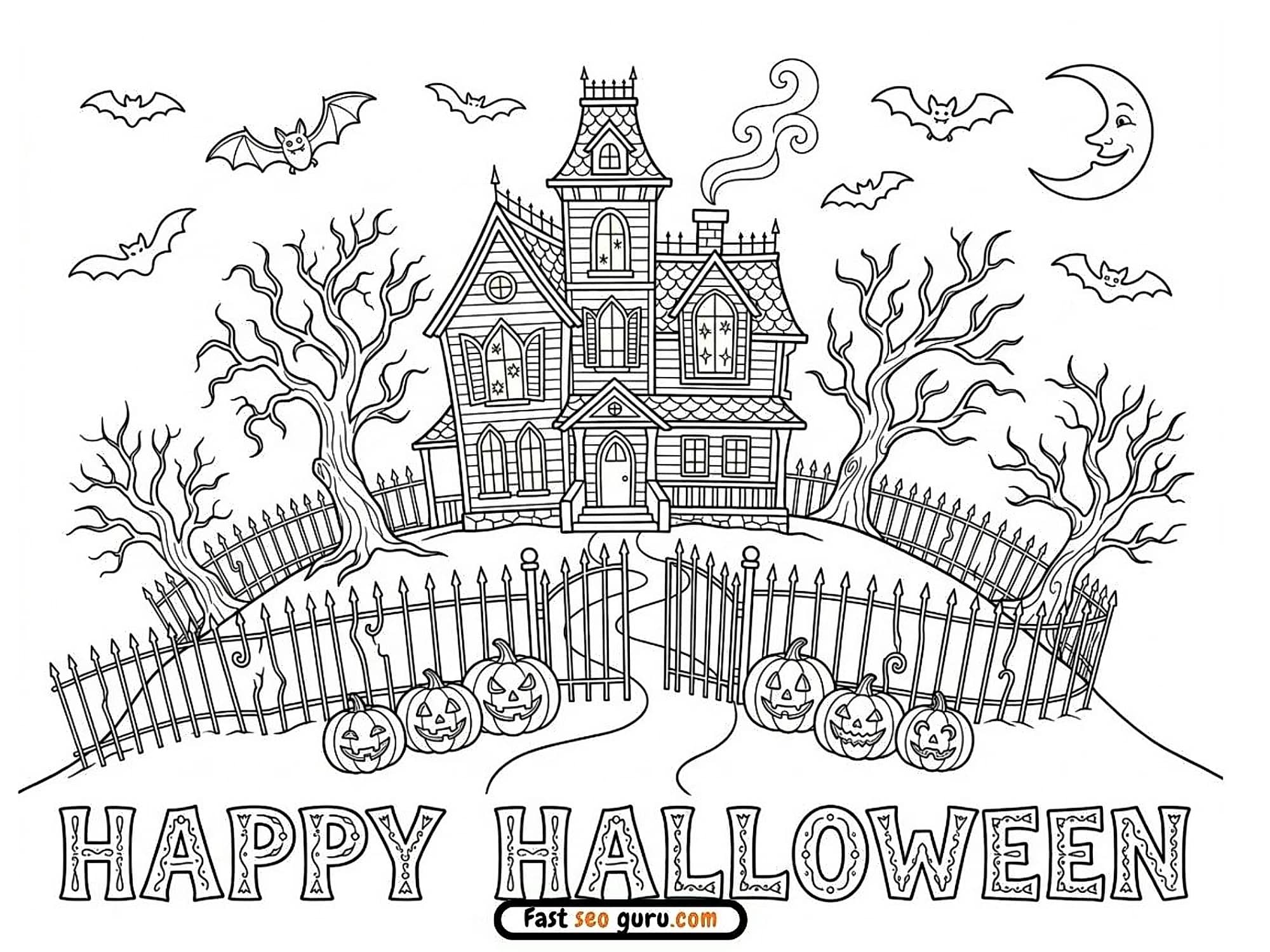 Free Printable Happy Halloween Haunted House Coloring Page