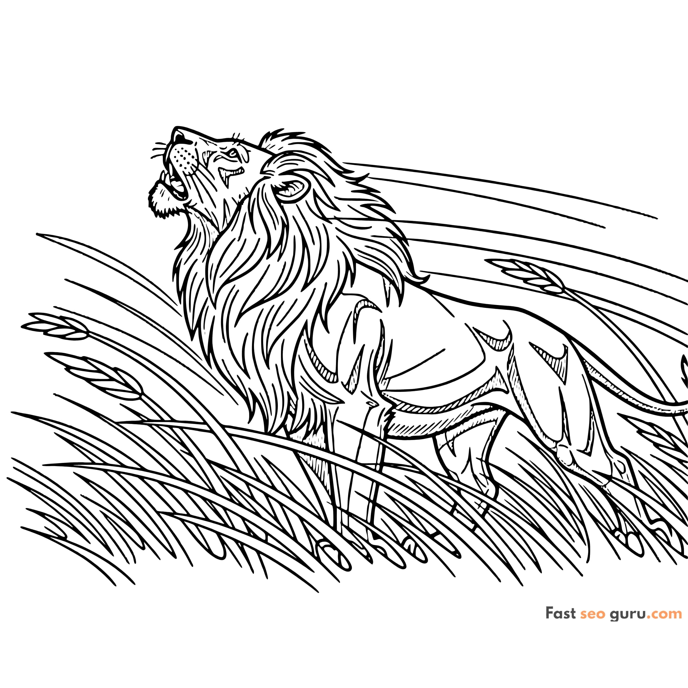  African lion roaring with open mouth among tall savanna grass, detailed realistic free printable coloring page for kids