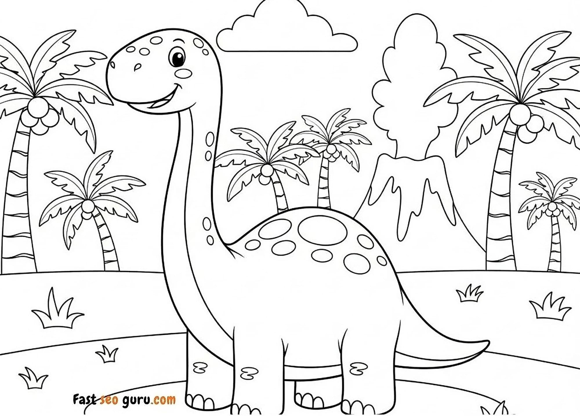cartoon Brachiosaurus surrounded by palm trees with erupting volcano-Free printable educational coloring sheet for toddlers