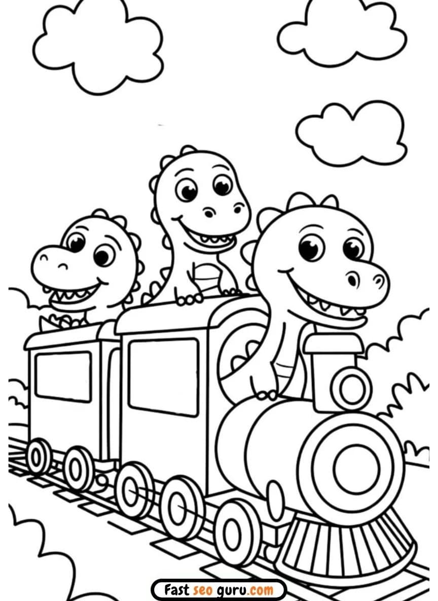  cartoon baby dinosaurs riding a steam train through a sunny landscape clouds, free printable kindergarten coloring page 