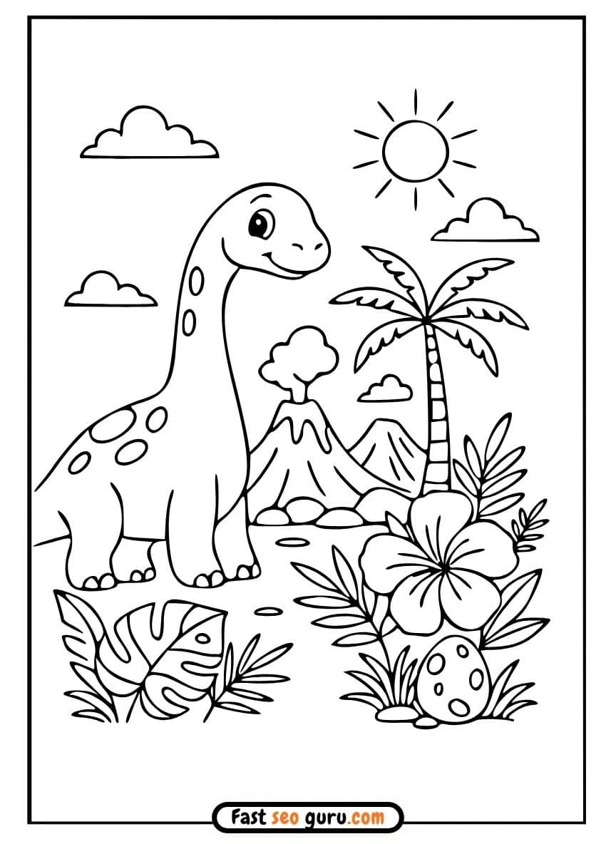 Cute Dinosaur Brachiosaurus and Volcano Coloring Page – Free Printable for Kids