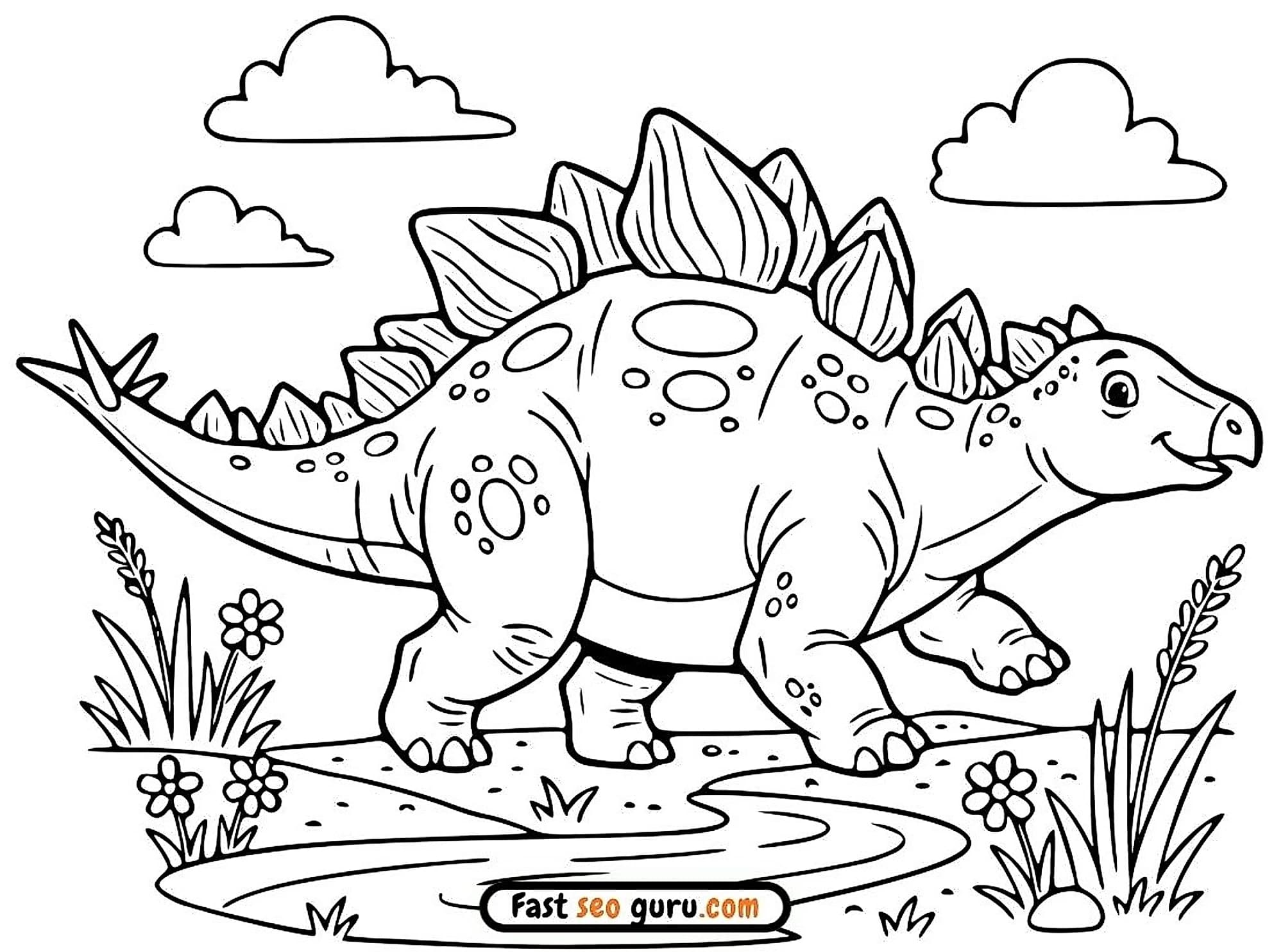 A cute cartoon Stegosaurus coloring page featuring a dinosaur near plants and clouds.free printable educational coloring page