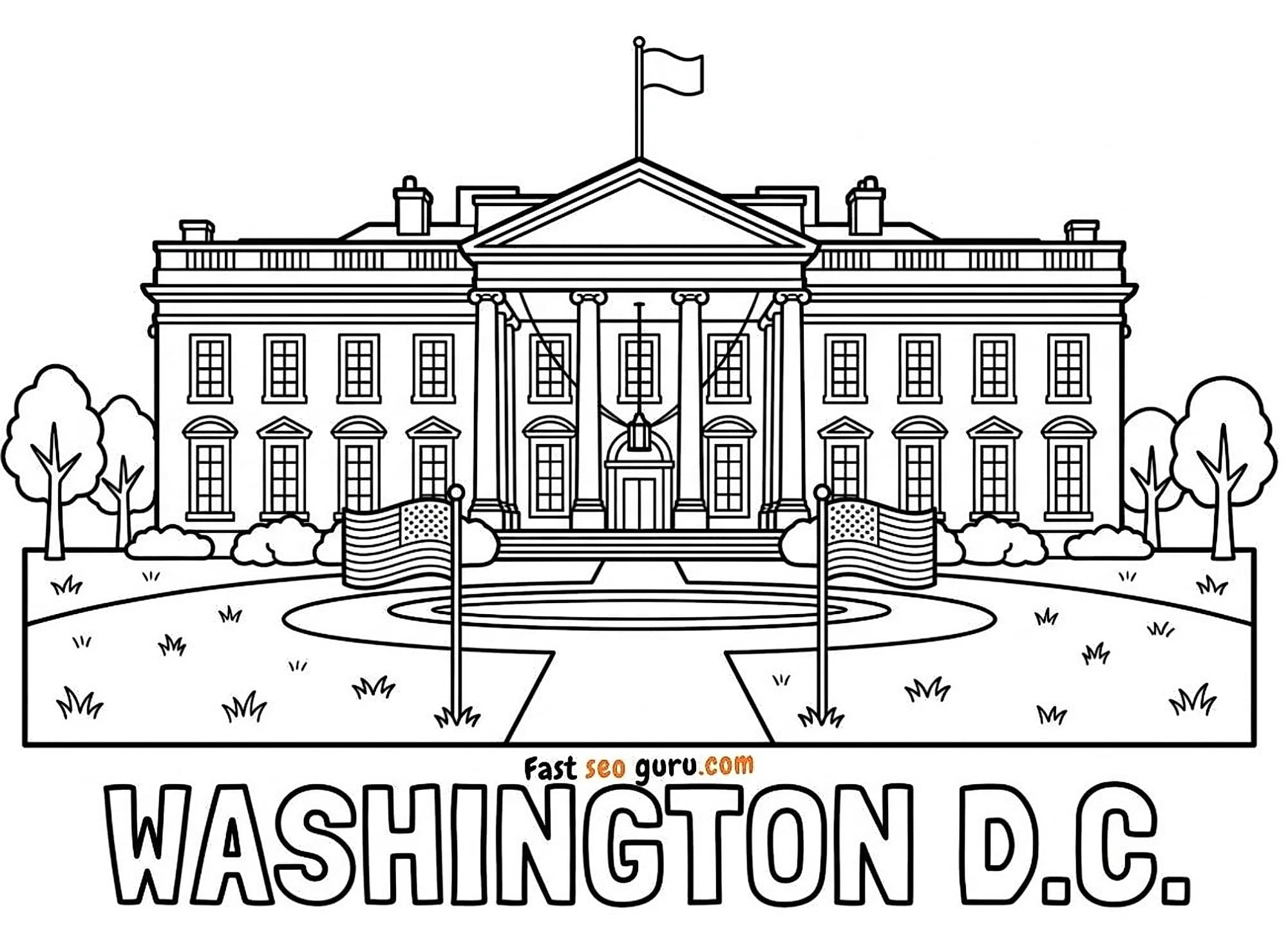 White House coloring page with American flags fountains and trees labeled Washington D.C., free printable educational 