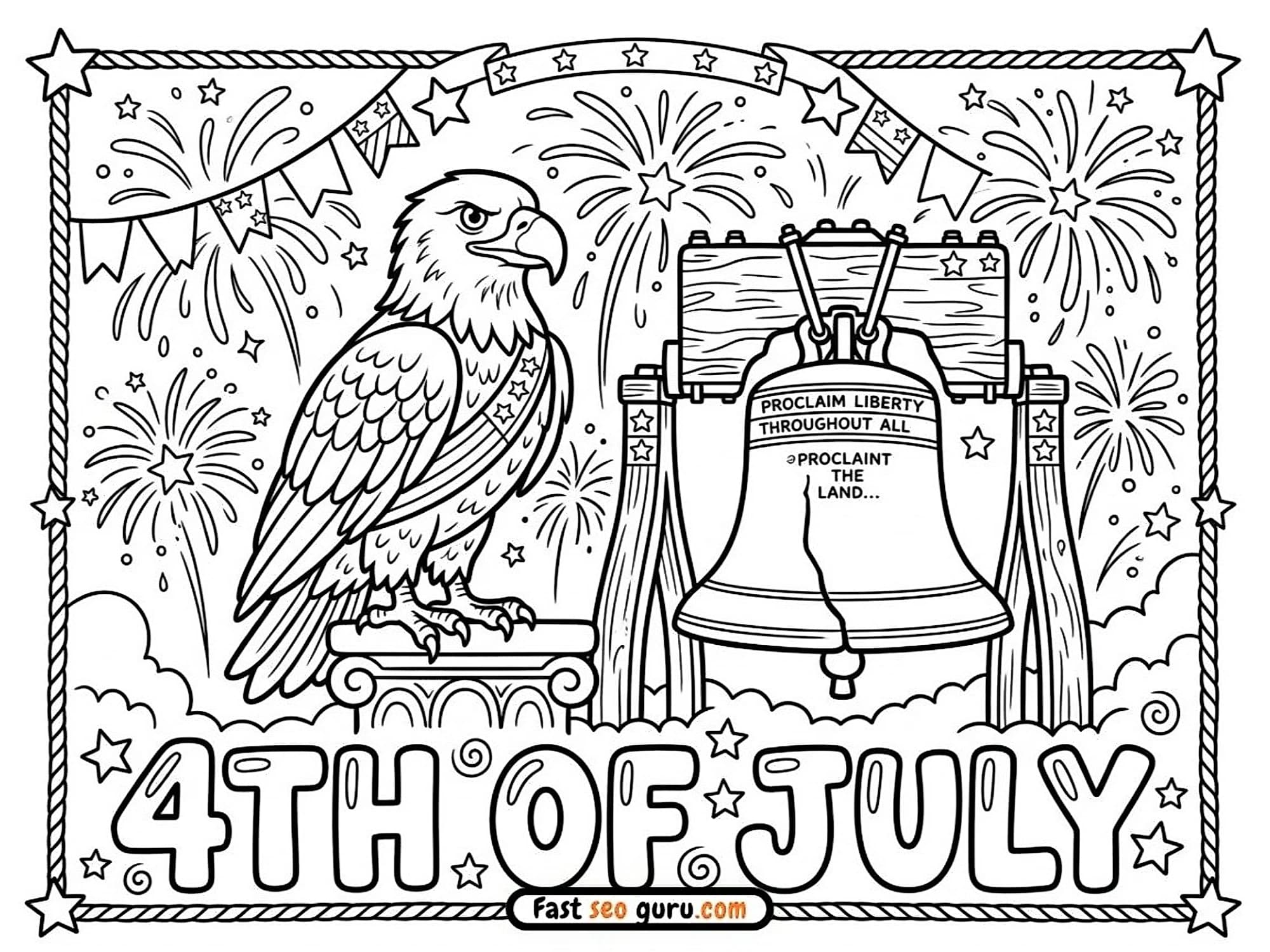 Fourth of July coloring page eagle standing the Liberty Bell surrounded by fireworks, stars patriotic Coloring Page PDF