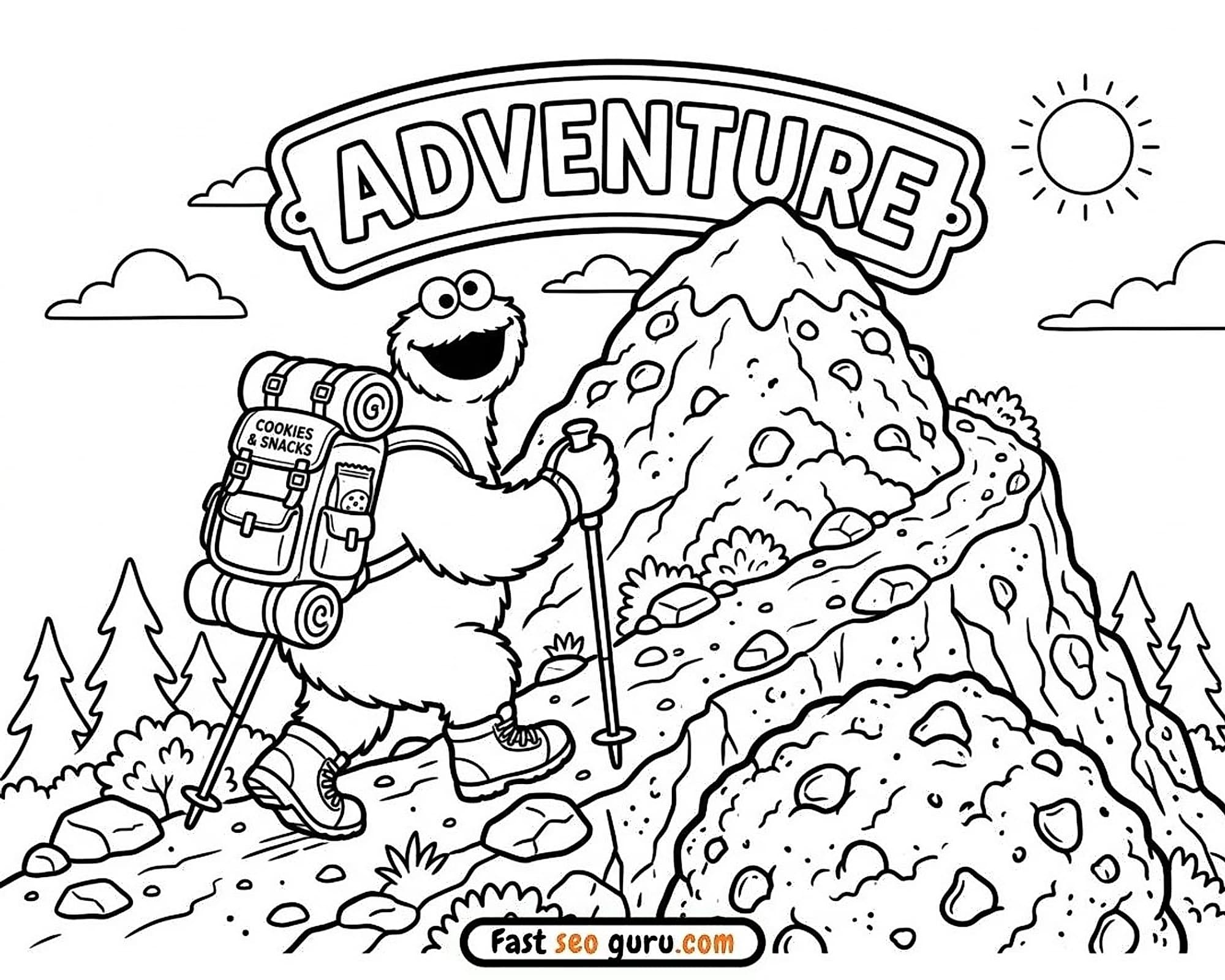 Free printable coloring page Cookie Monster Adventure Hiking coloring sheets – Free Pictures to Color for Kids Cookie Monste