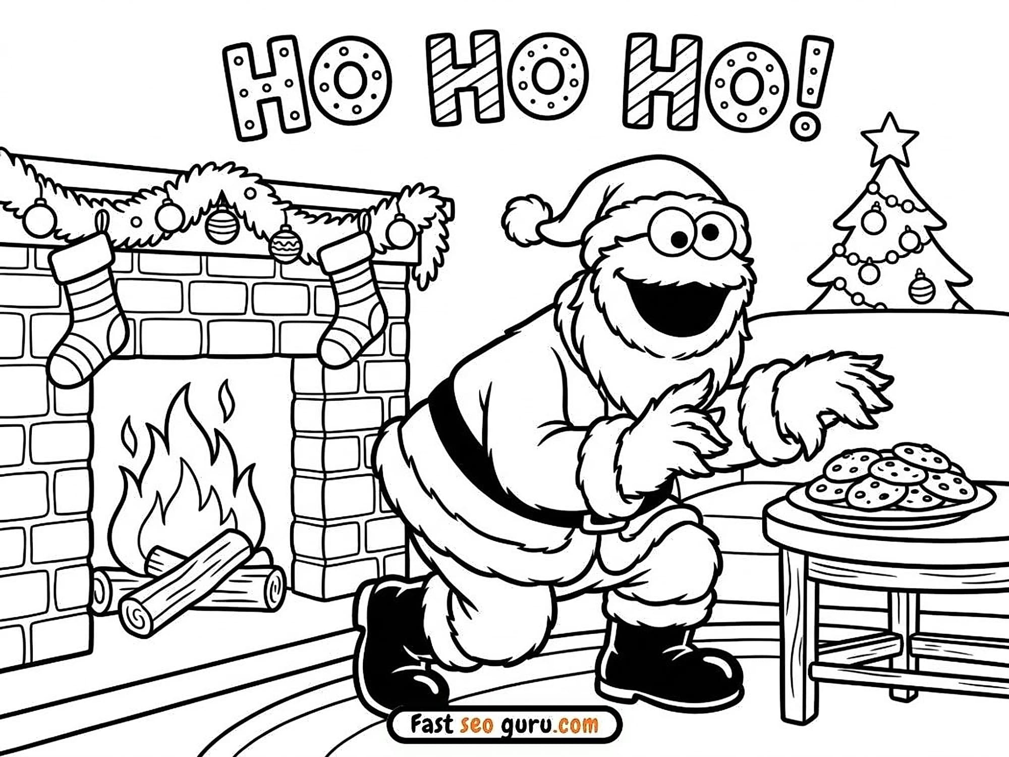 Free printable coloring page Cookie Monster Santa Christmas Fireplace sesame street – Free Pictures to Color for Kids.