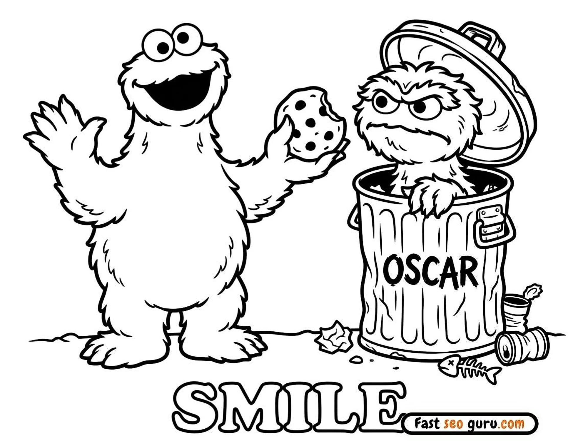 Free printable coloring page Cookie Monster and Oscar Smile Sesame Street – Free Pictures to Color for Kids 