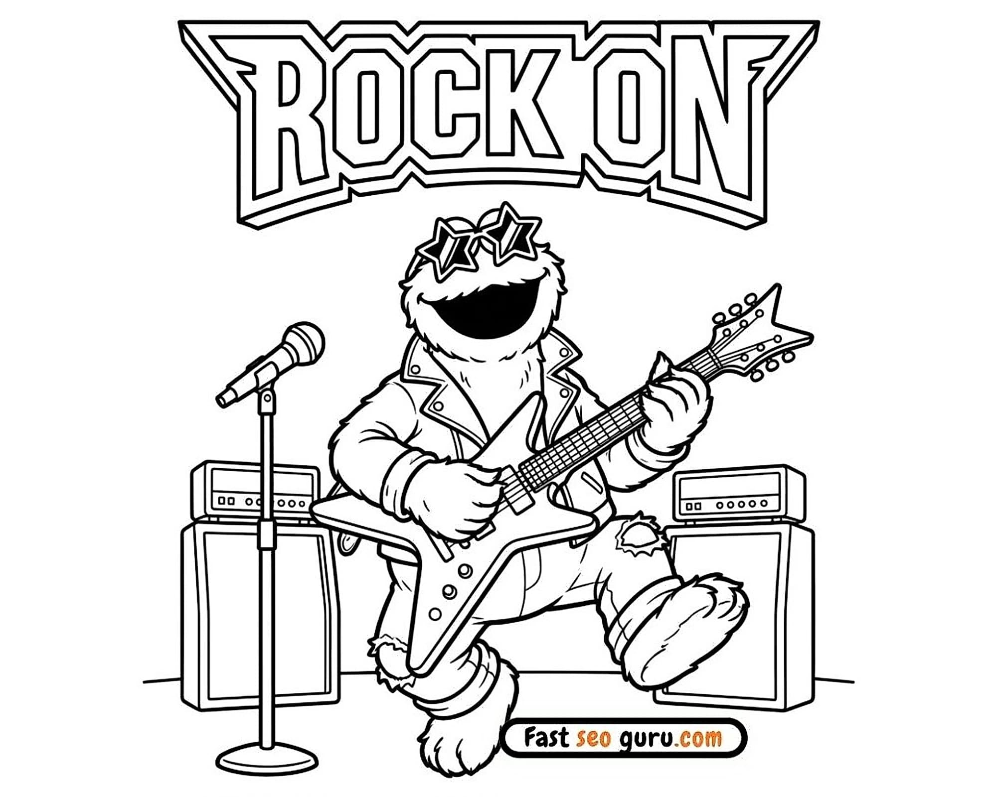 Fluffy blue monster wearing star sunglasses playing guitar microphone with bold ROCK ON lettering, easy colouring in page