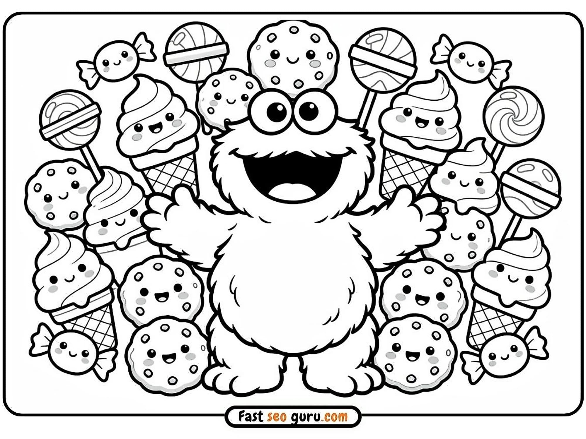 Fluffy blue monster chocolate chip cookies, lollipops, candy, ice cream cupcakes, easy colouring in page for kids