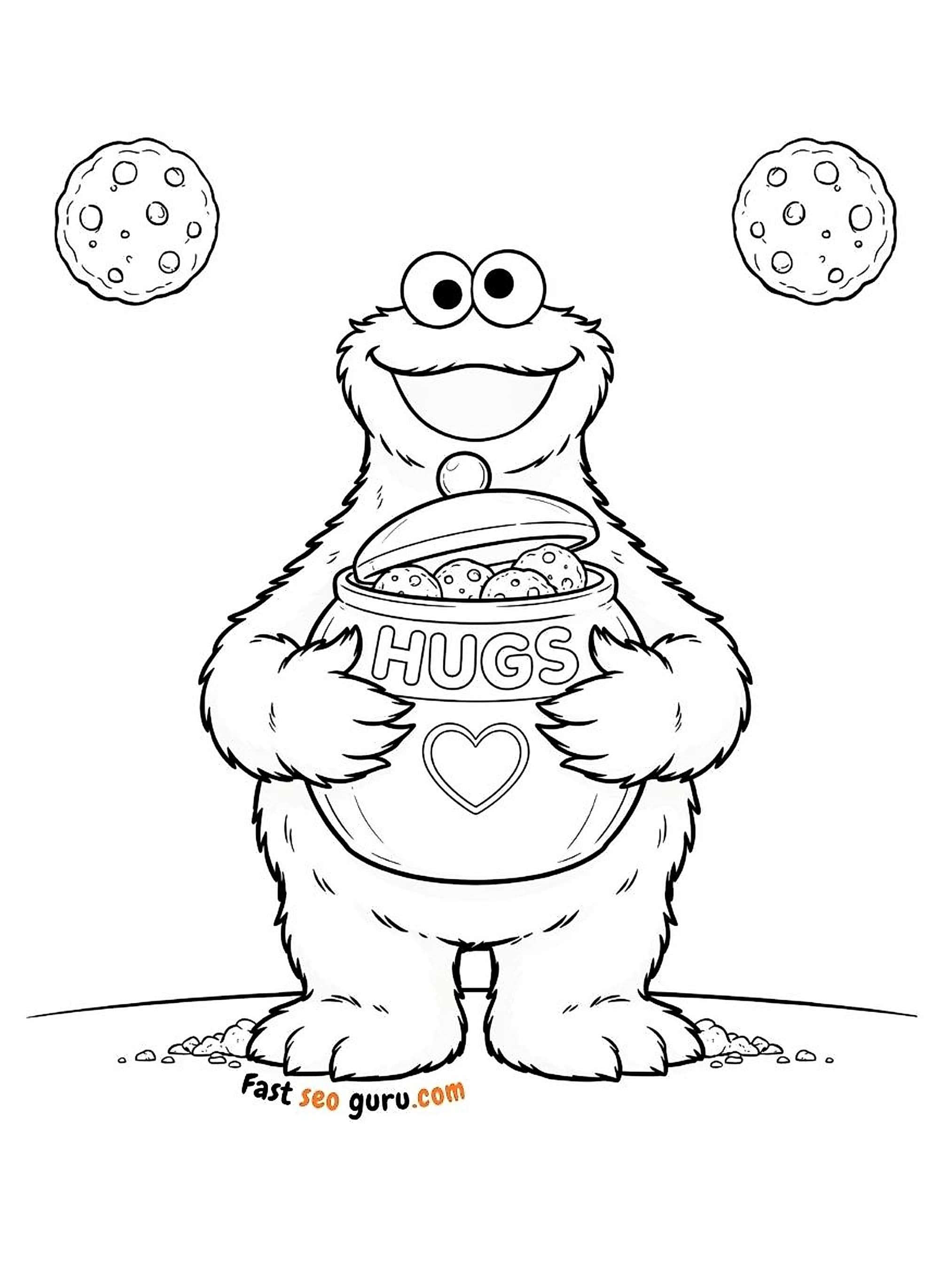 Fluffy blue monster holding a HUGS cookie jar with heart design and floating chocolate chip cookies easy colouring in page