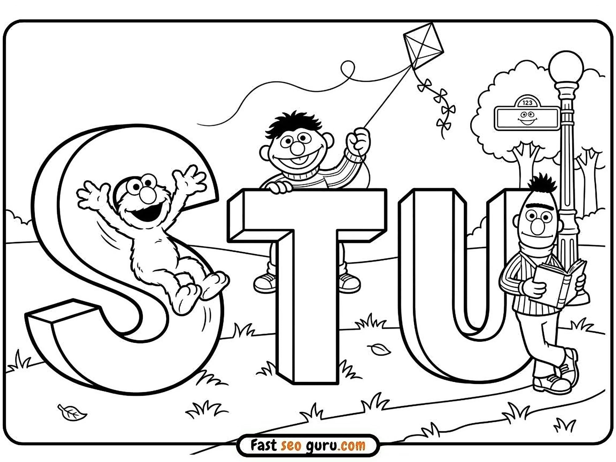 Elmo sliding on S, Ernie flying a kite behind T, and Bert reading next to U template for preschool learning worksheets PDF.