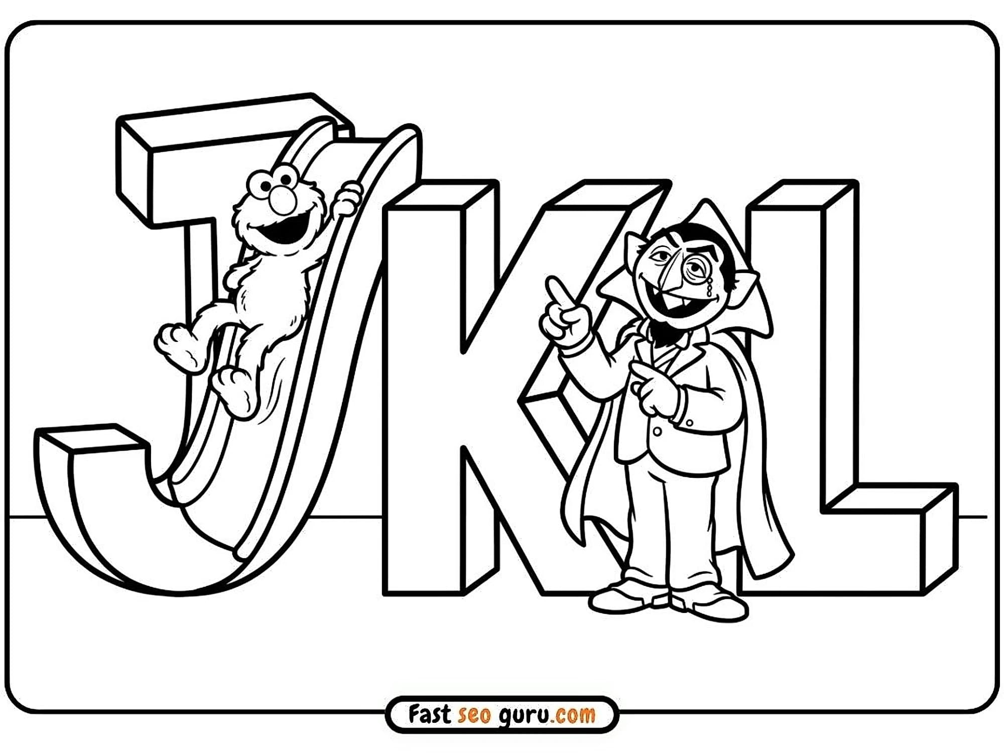 Elmo sliding down a slide on J and Count von Count pointing to K and L template for preschool learning worksheets PDF