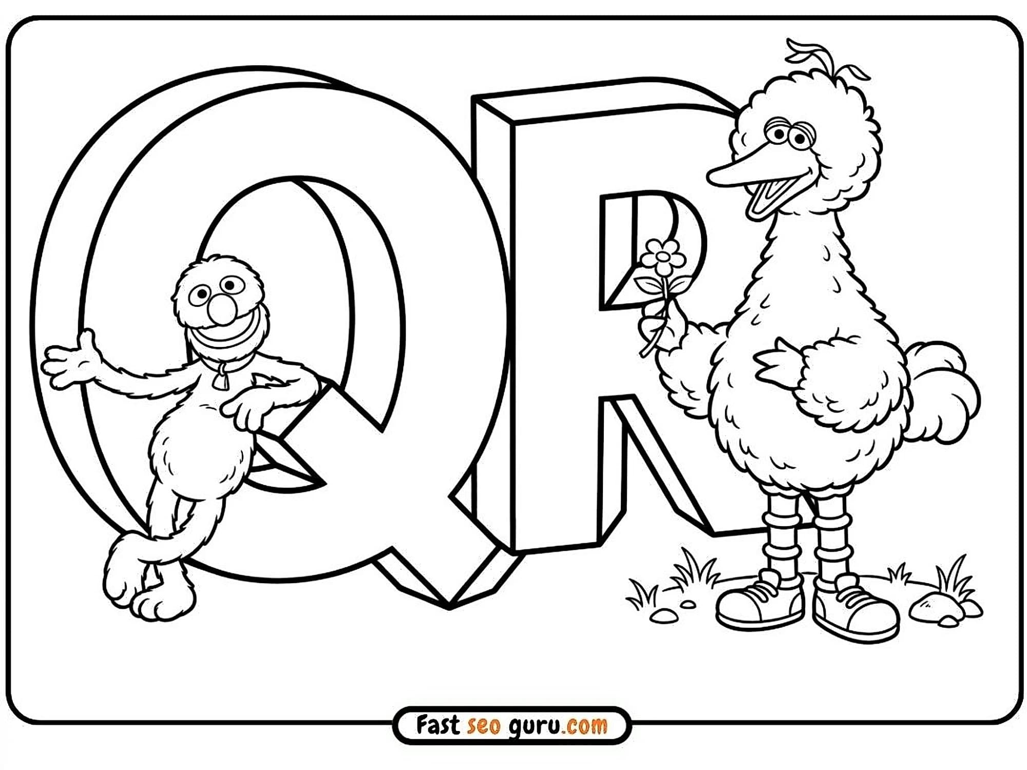Telly Monster leaning on giant letter Q and Big Bird holding a flower next to a giant letter R learning worksheets PDF