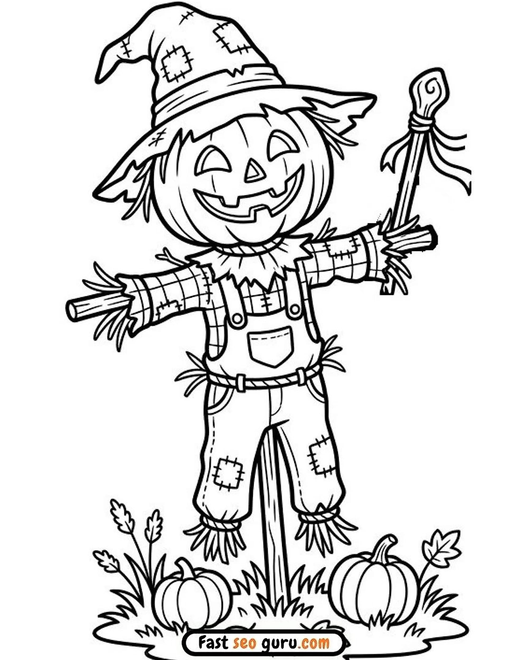ute Halloween scarecrow with a carved pumpkin jack o lantern head on a wooden stick template for free coloring sheets PDF.