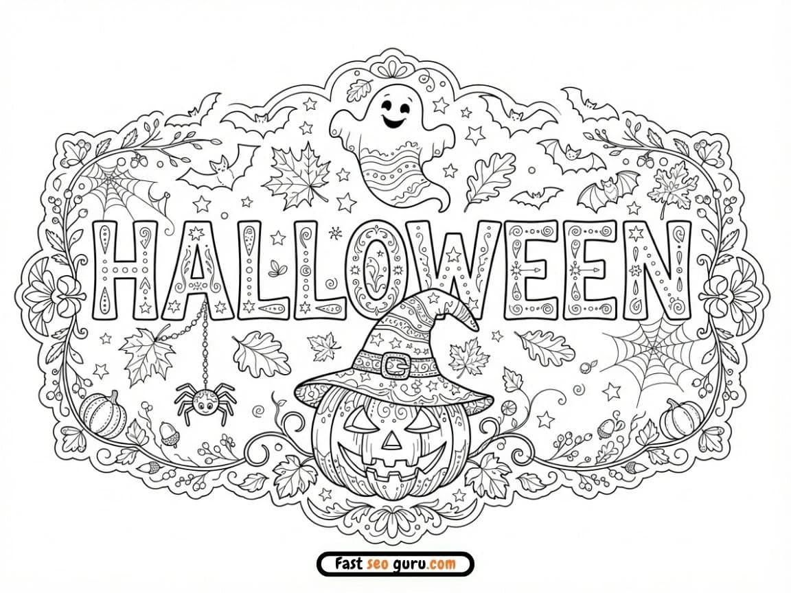 Detailed Halloween bubble text banner with a patterned witch hat pumpkin and ghost template for free coloring sheets PDF.