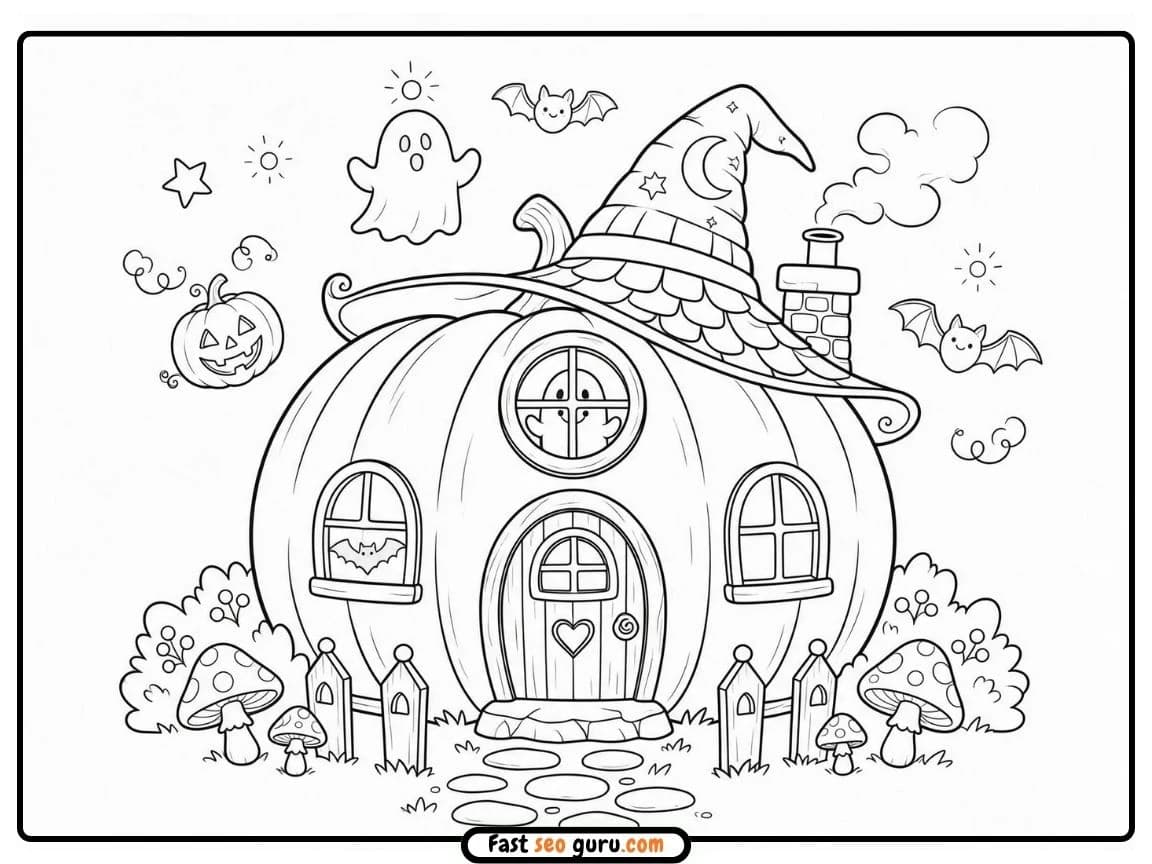 Cute Halloween pumpkin house wearing a giant witch hat with a ghost and bats template for free coloring sheets PDF.