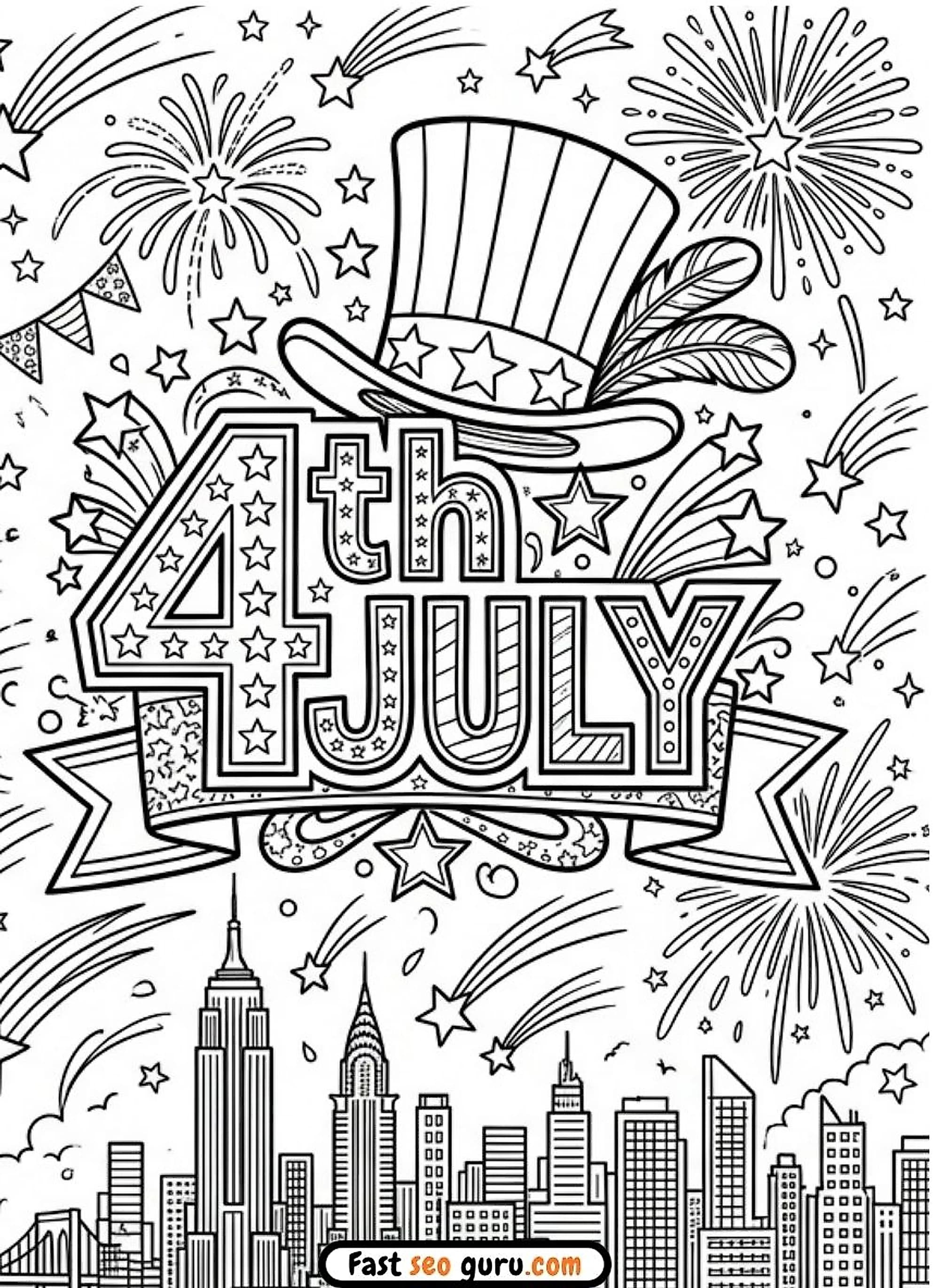 4th of July lettering with Uncle Sam hat fireworks city skyline, free printable Independence Day pictures to color  adults
