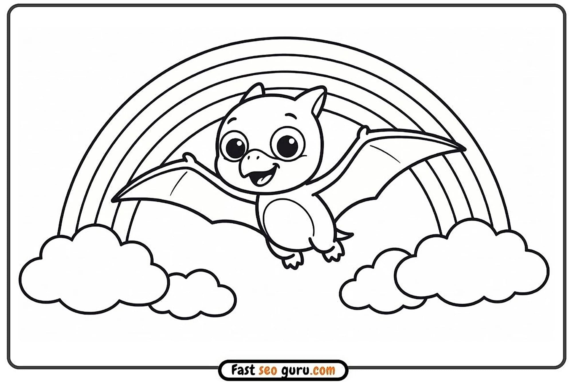 Cute baby Pterodactyl flying through a large rainbow, free printable educational dinosaur coloring page for kids