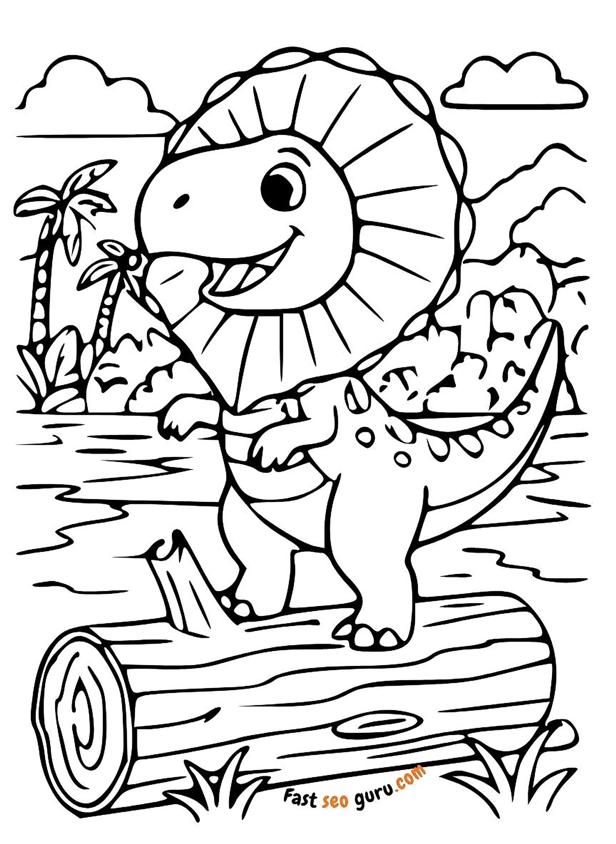 ute cartoon Dimetrodon with large back sail and smiling face balancing  prehistoric landscape palm tree mountains, coloring page