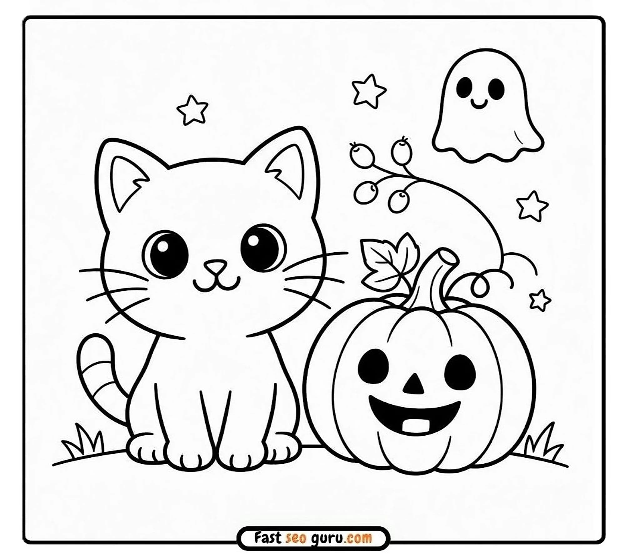 Cute cartoon kitten sitting next to a carved Halloween pumpkin with a flying friendly ghost template for coloring sheets PDF.