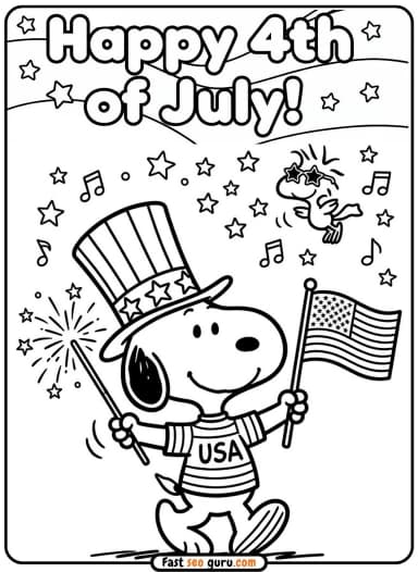 4th of July Snoopy Woodstock Coloring Page: Printable PDF Download