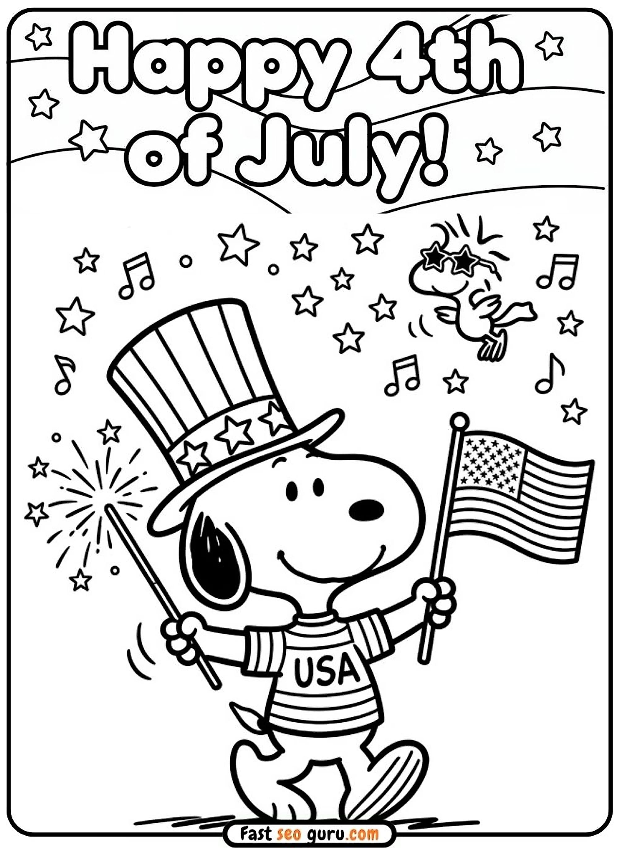 Snoopy and Woodstock celebrating Happy 4th of July with an American flag coloring page template for a child to print out.