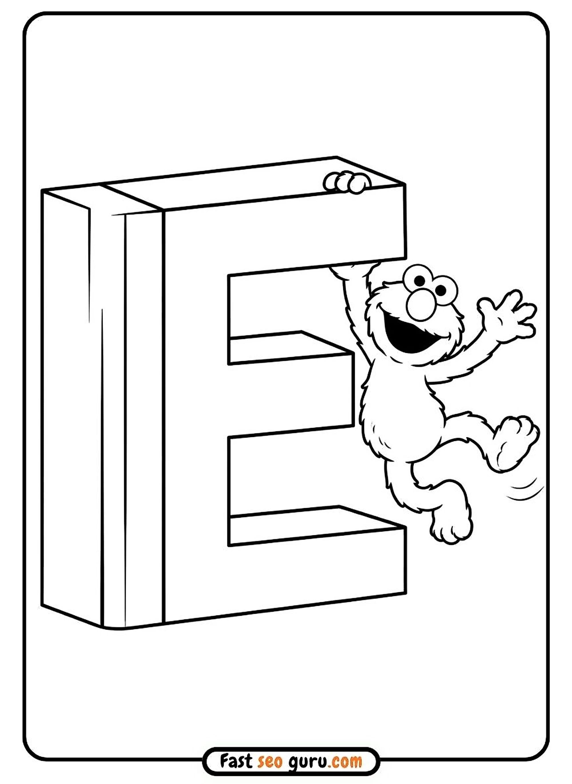 Elmo swinging and hanging from the top bar of a giant 3D block letter E template for preschool learning worksheets PDF