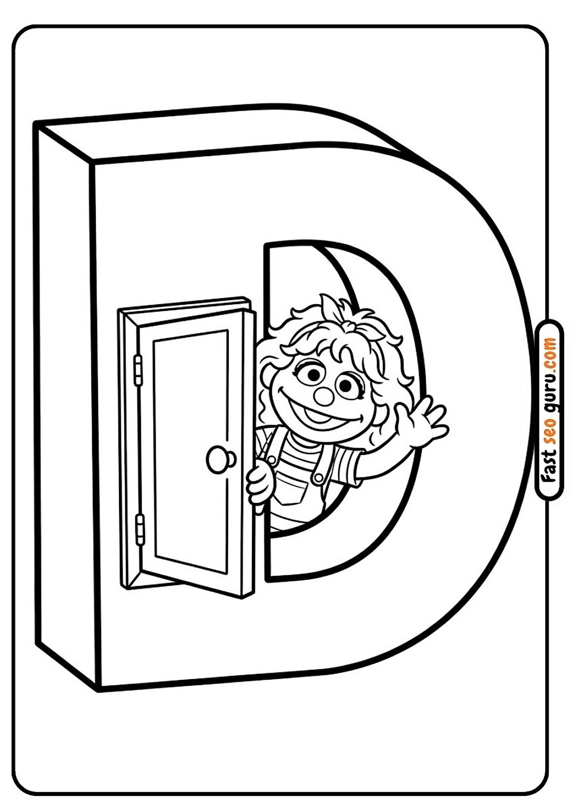 Cute monster waving while opening a miniature door inside a giant 3D block letter D template for learning worksheets PDF.