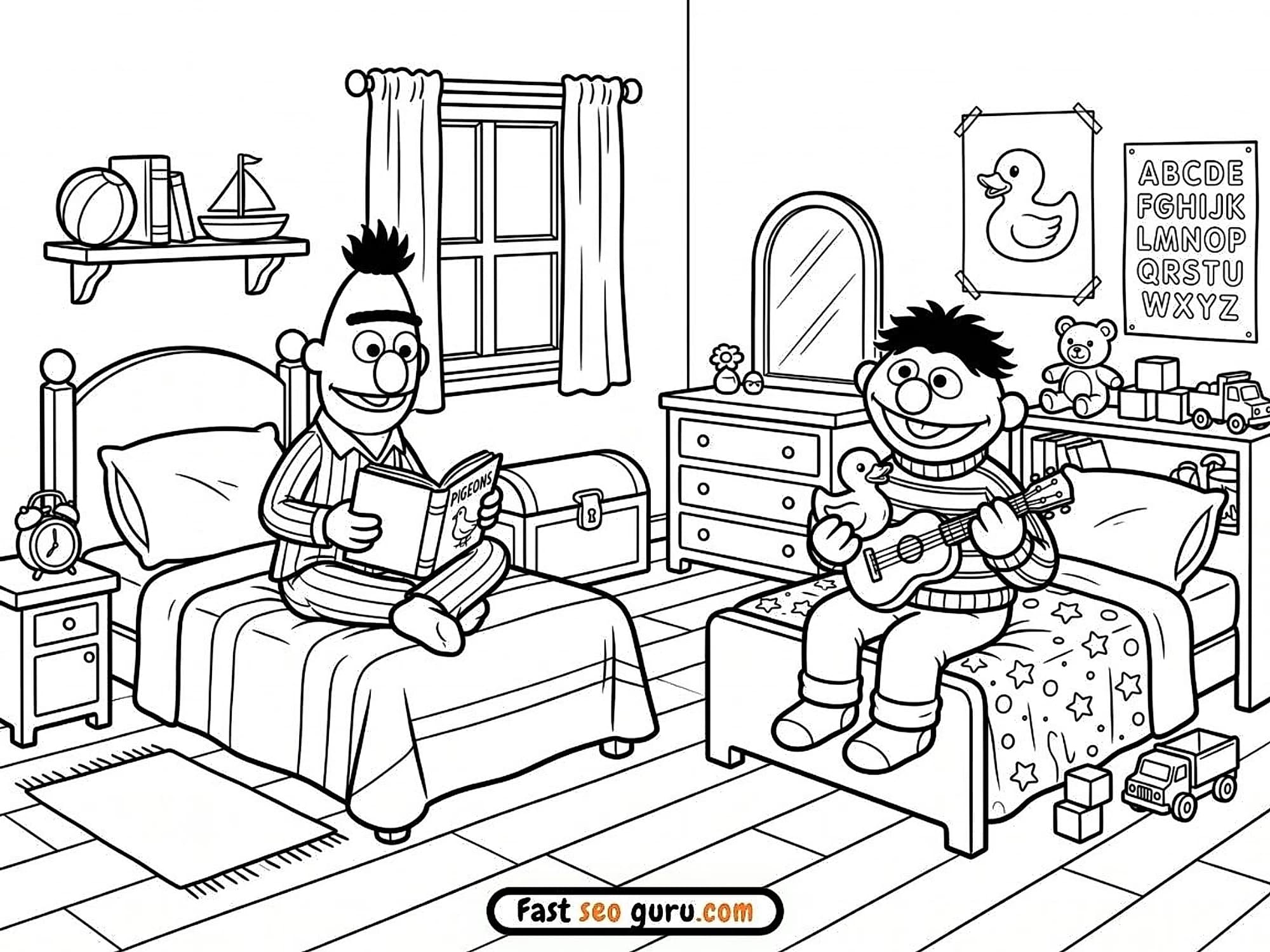 Bert reading a pigeon book and Ernie playing guitar with Rubber Duckie in their bedroom coloring page free PDF download.