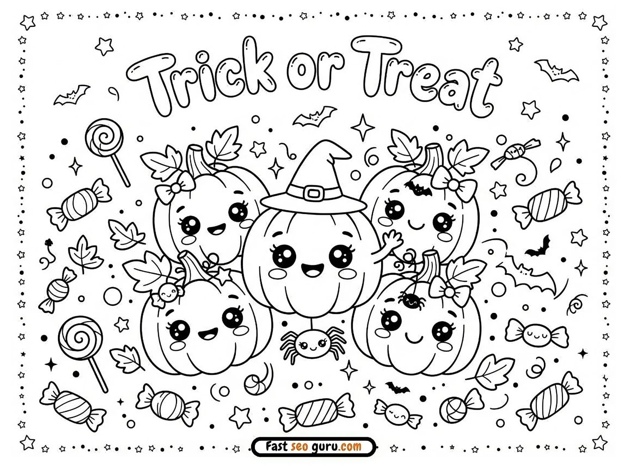 Free printable Trick or Treat Halloween coloring page cute smiling pumpkins, wrapped candies, lollipops, bats, spider