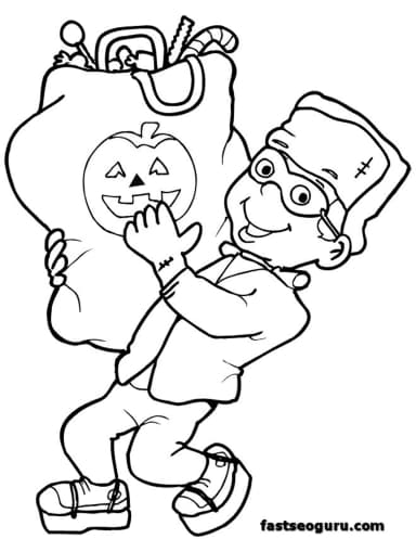 Halloween boy with candy coloring pages