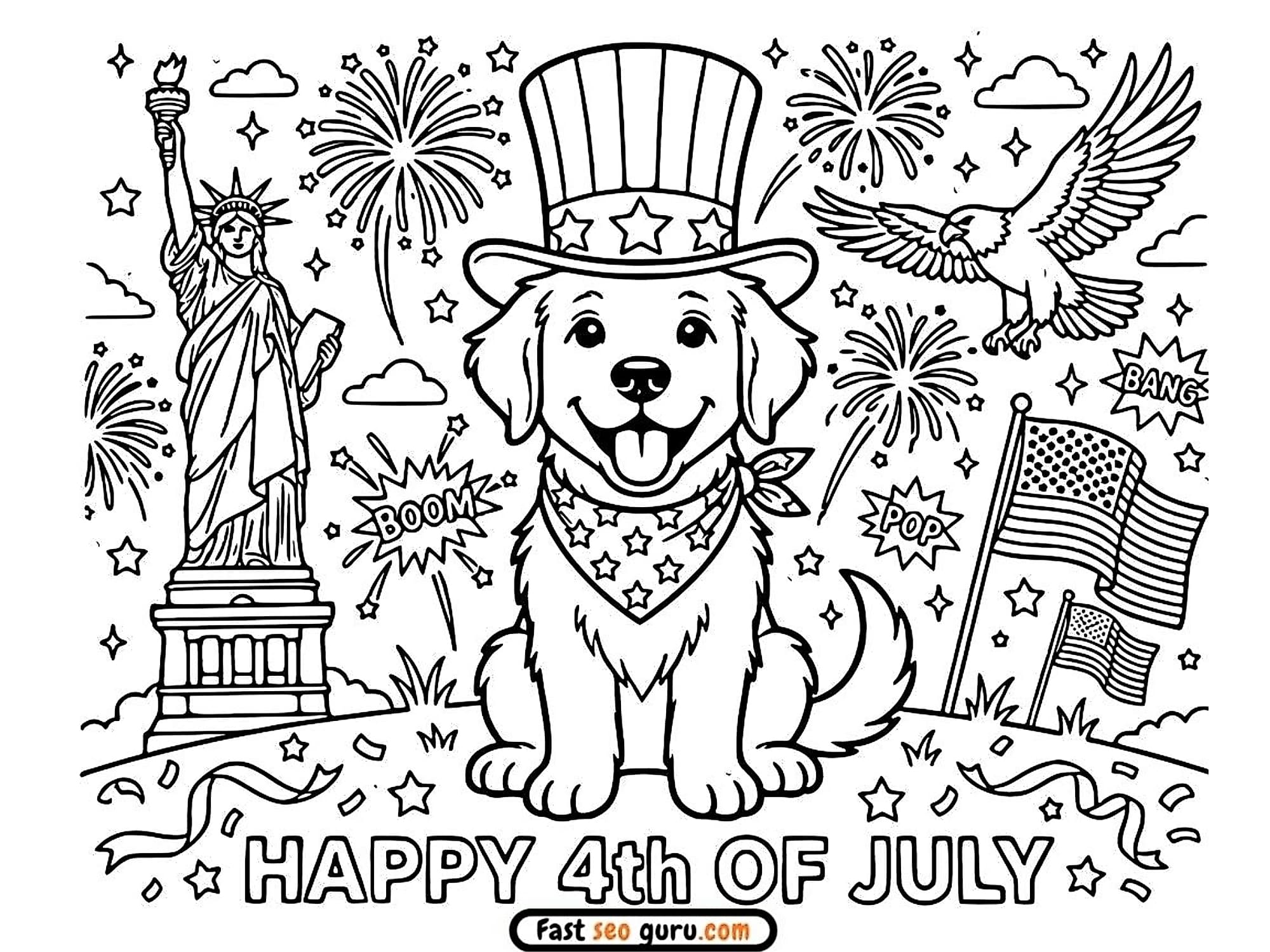 puppy wearing Uncle Sam hat and patriotic bandana with Statue of Liberty bald eagle American flag, 4th of July,coloring page
