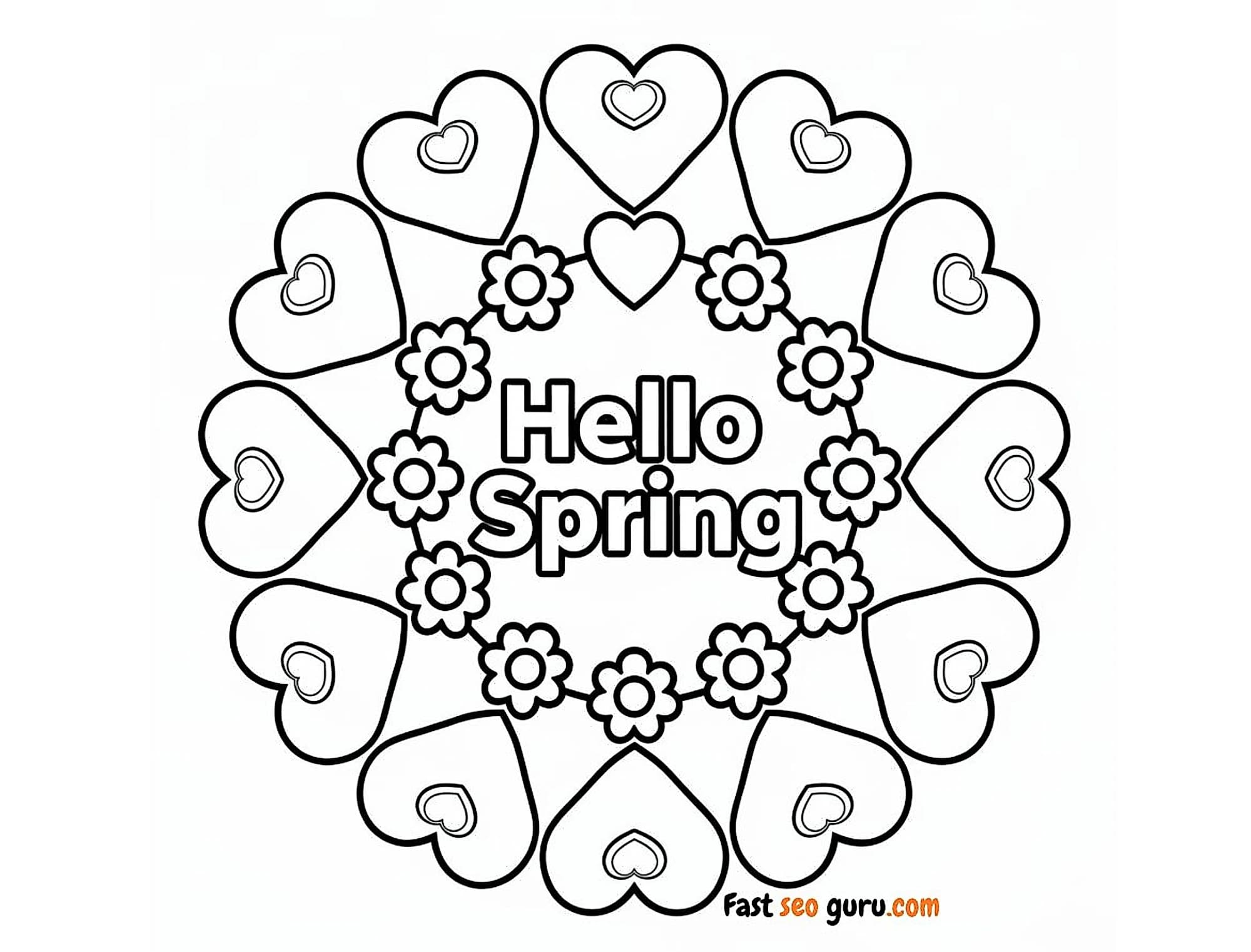 Free printable coloring page Hello Spring Heart and Flower Coloring Page Spring theme for kids and adults - easy to print ...