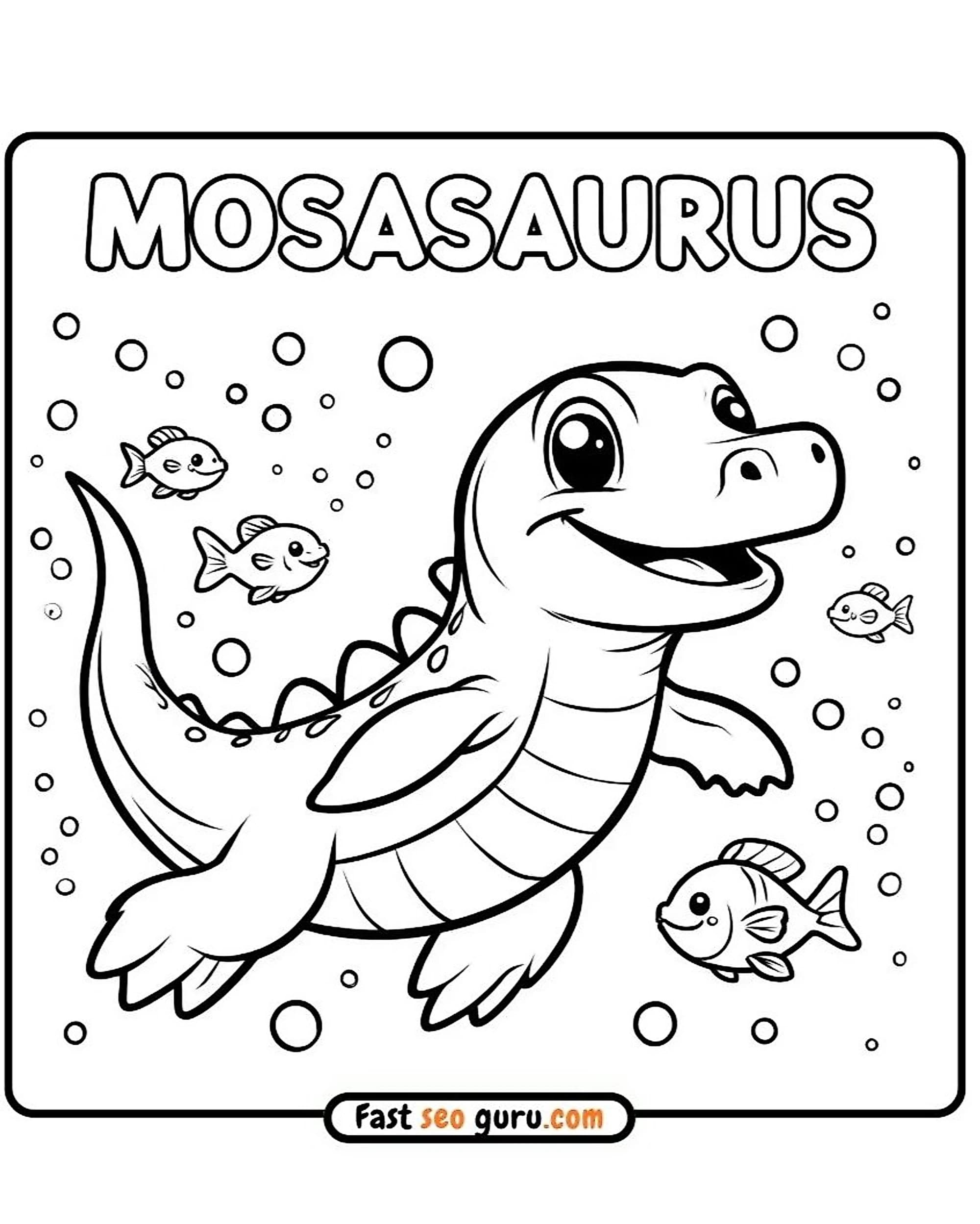 Cute cartoon Mosasaurus swimming with tropical fish  bold MOSASAURUS lettering, free easy colouring in page for kids