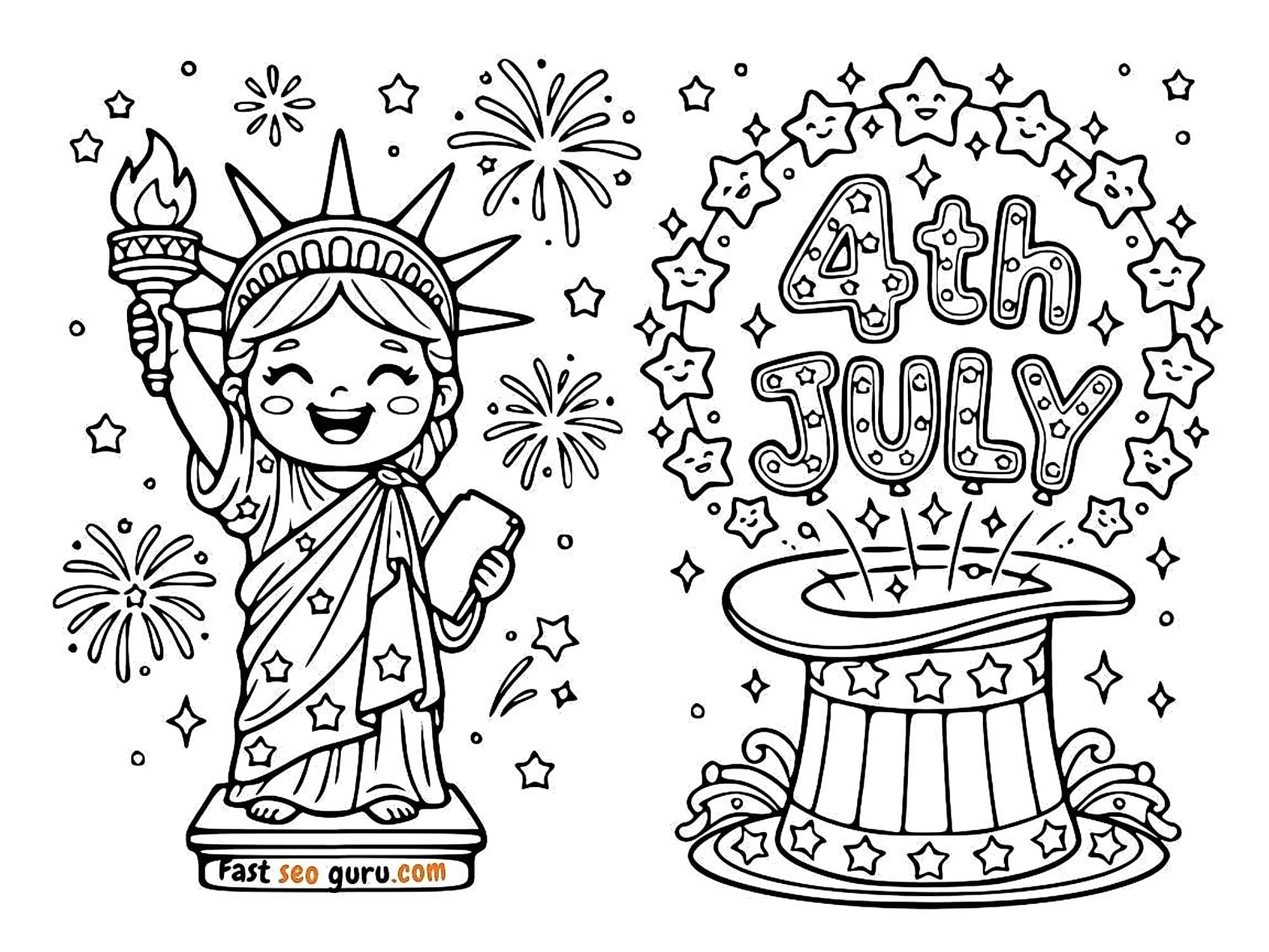 Cute kawaii Statue of Liberty holding torch and tablet 4th July lettering with Uncle Sam hat-free printable Coloring Page PDF