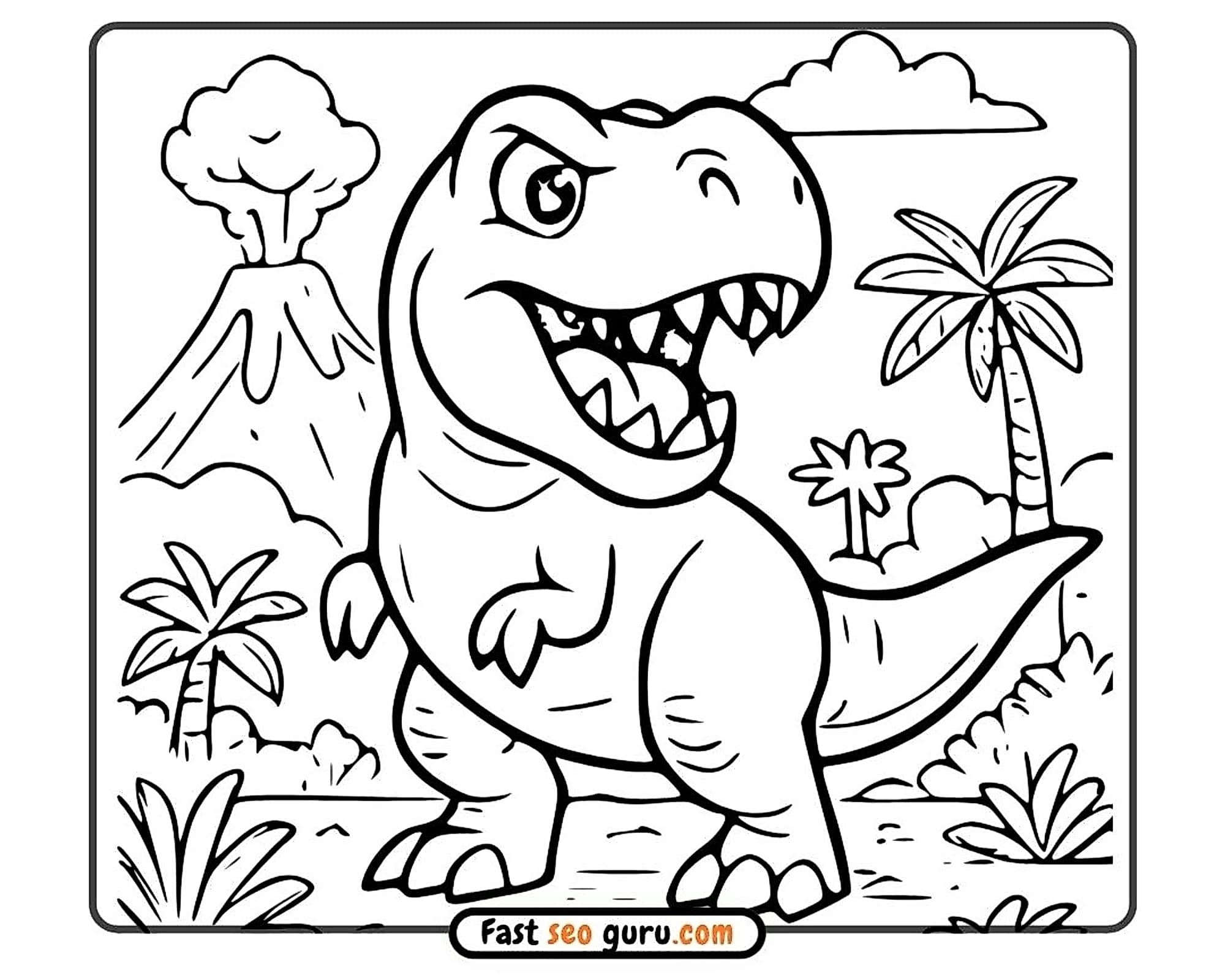 Bold cartoon T-Rex roaring with open jaws in a tropical prehistoric landscape , free easy colouring in page for kids