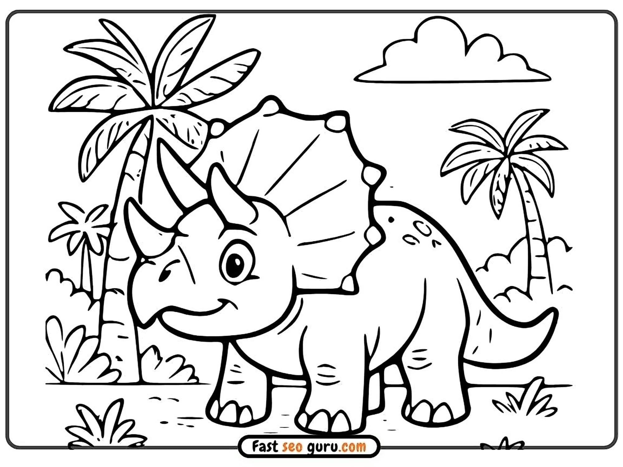 Cute cartoon Triceratops with three horns  tropical prehistoric landscape , free easy colouring in page for kids