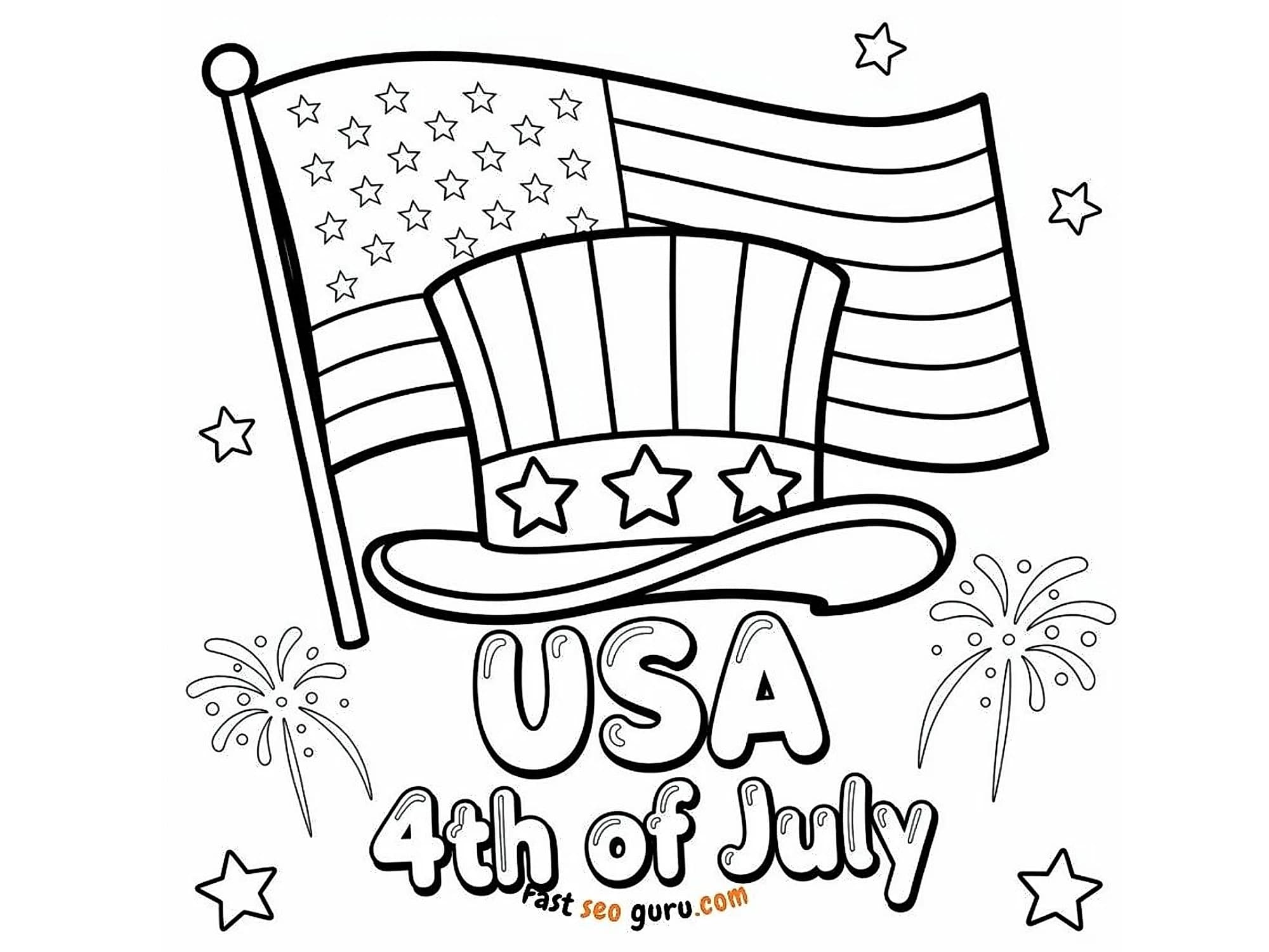 USA coloring page American flag patriotic striped Uncle Sam hat stars, fireworks USA 4th of July lettering, free printable