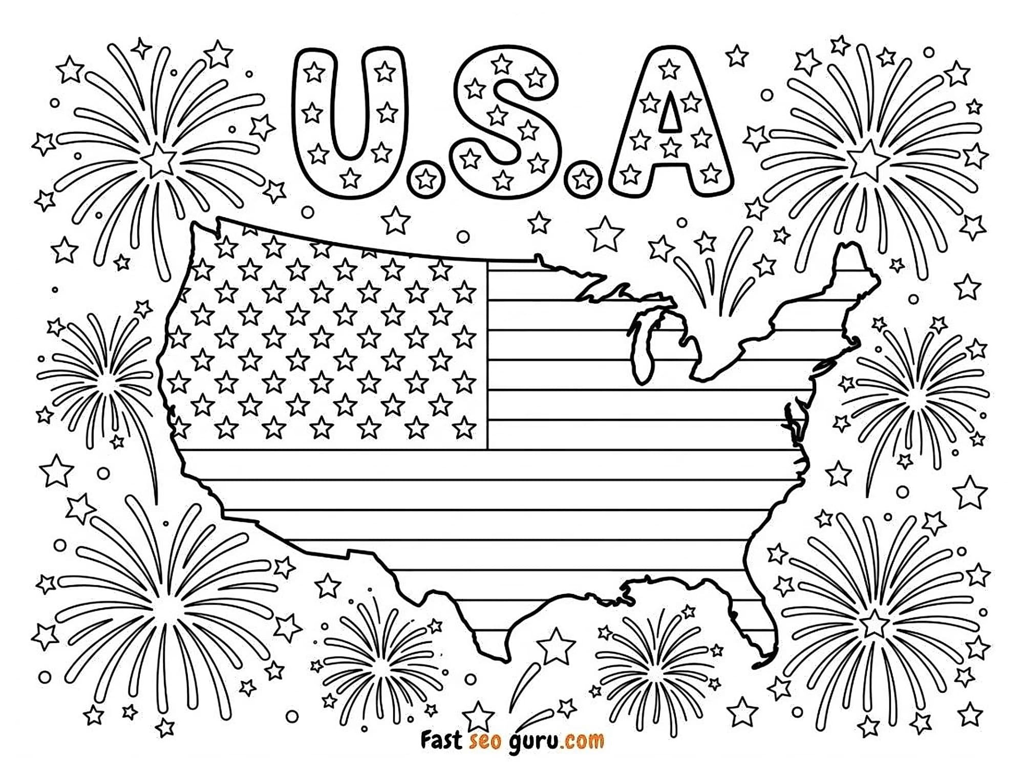 USA map america flag outline filled with stars and stripes spectacular fireworks USA lettering, 4th of July pictures to color