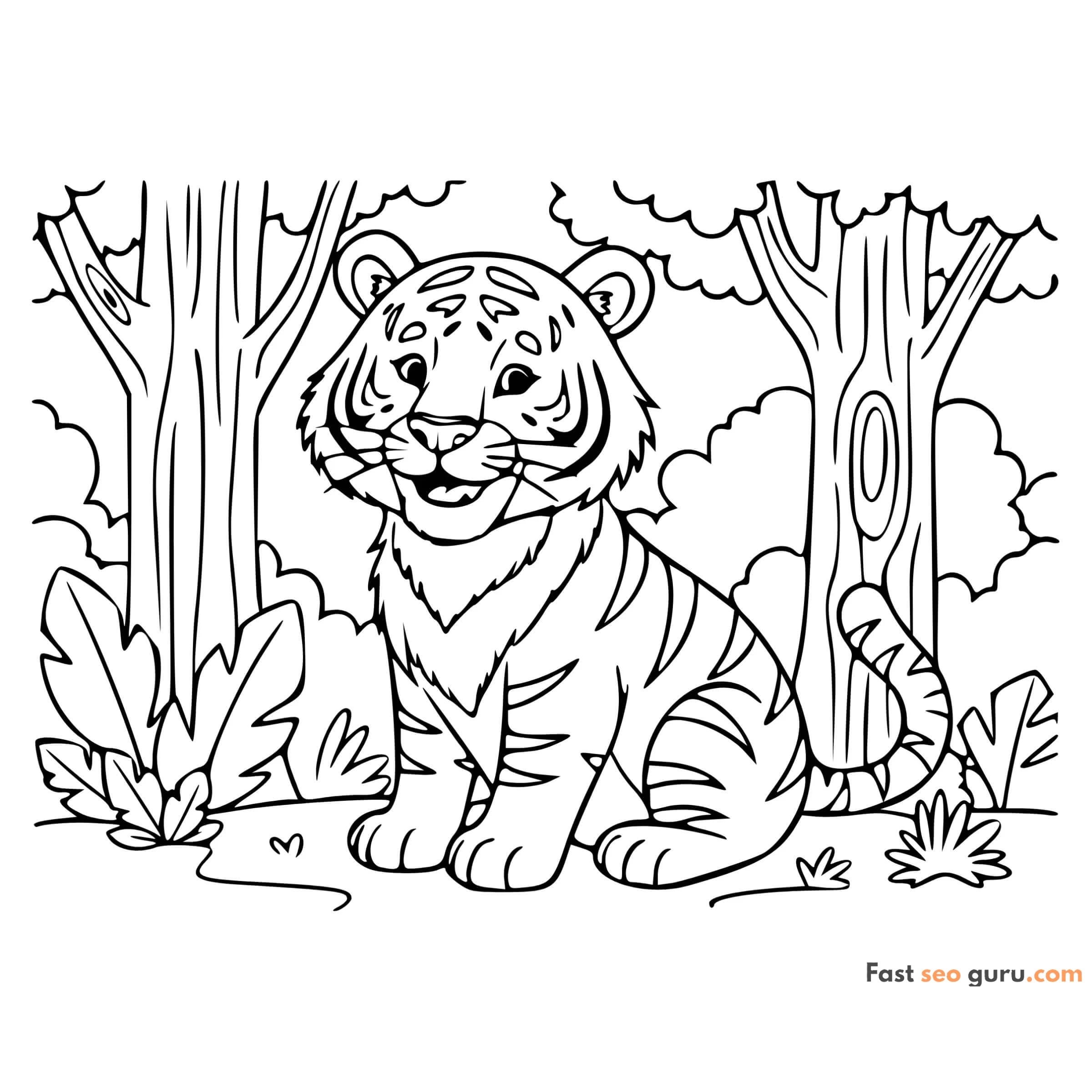 Cute Baby Tiger In The Jungle Coloring Page