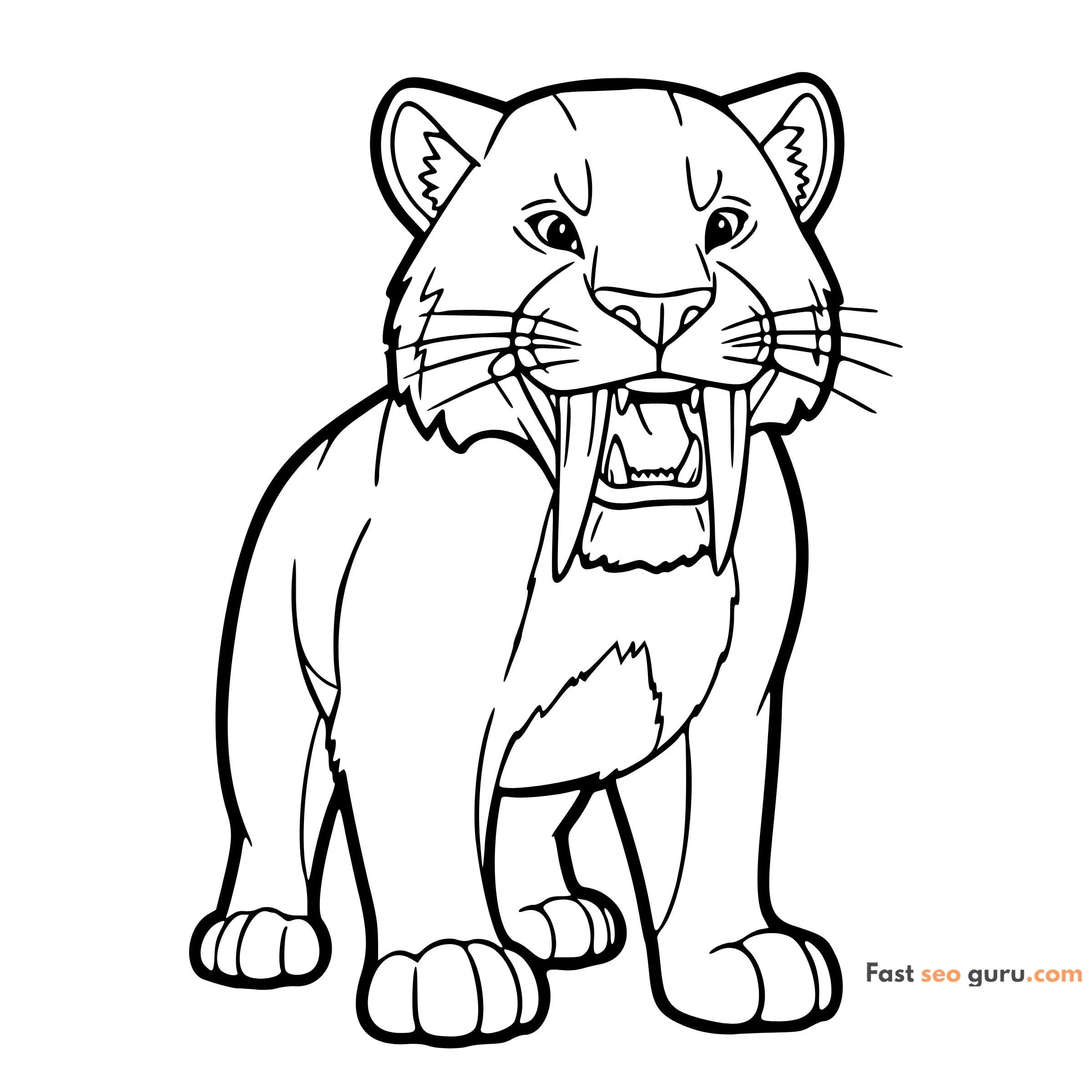 Cute Saber Tooth Tiger Coloring Page– Ice Age Animal For Kids