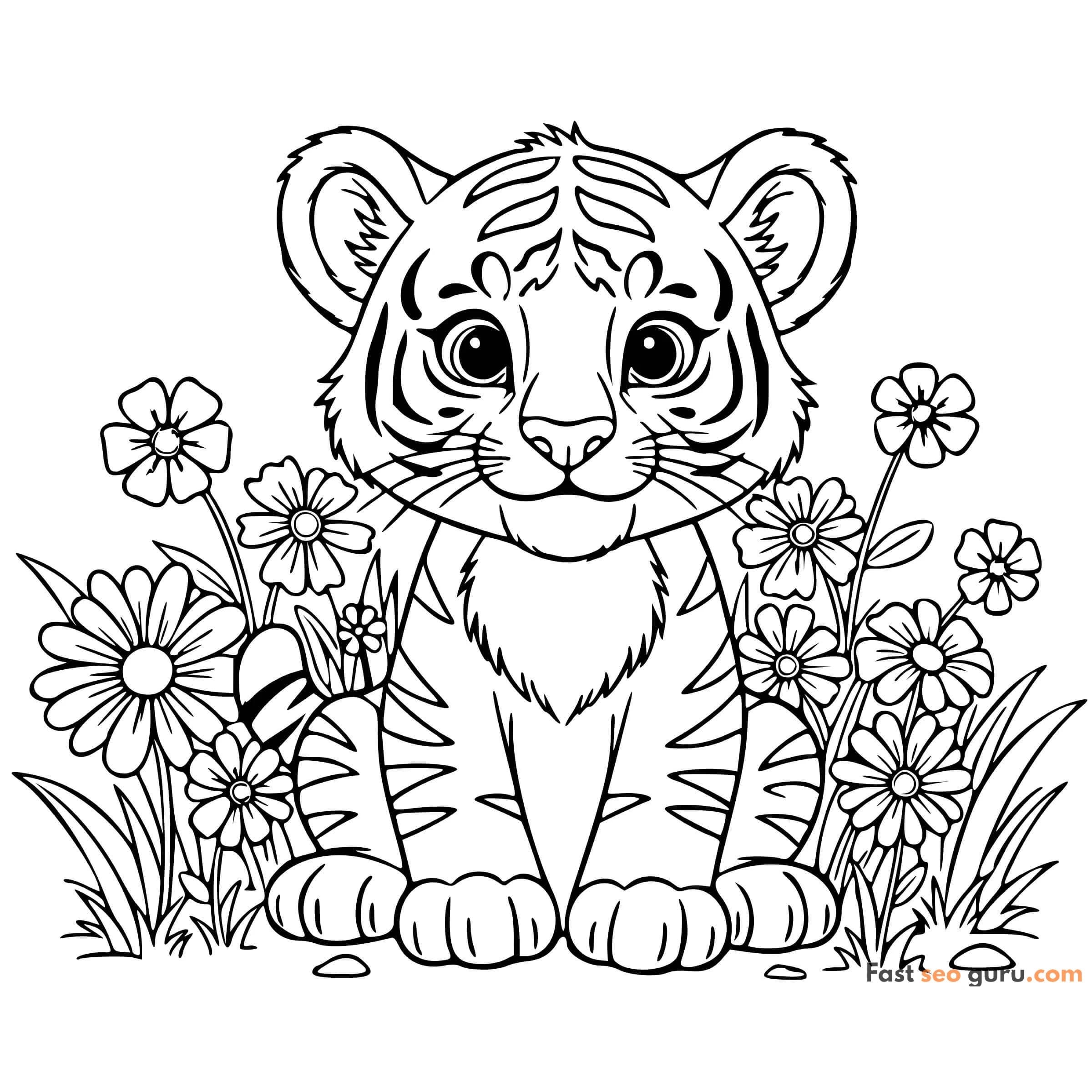 Cute Tiger Flowers In A Black And White Printable Coloring Page
