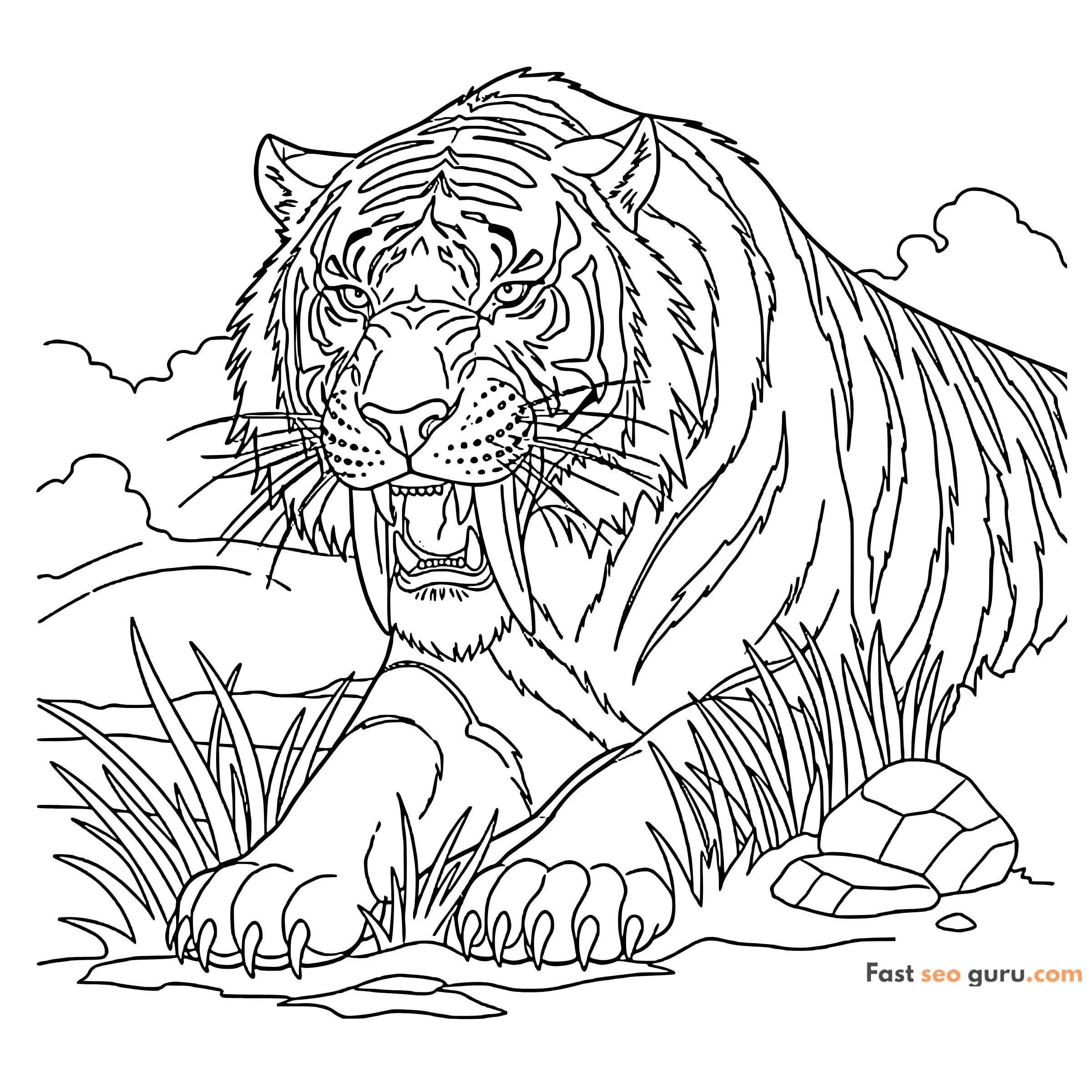 Easy Saber Tooth Tiger Coloring Page For Kids– Free Printable Prehistoric Wild Cat