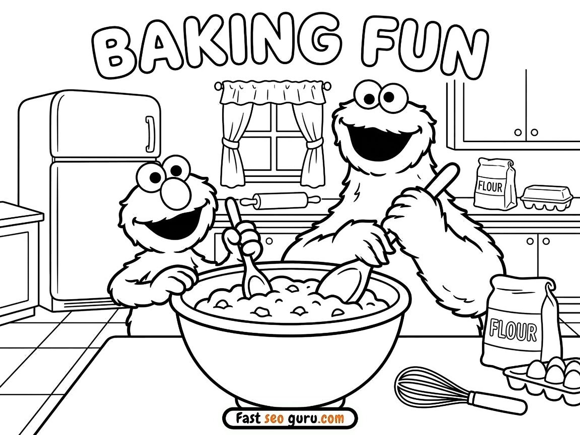 Cookie Monster And Elmo Sesame Baking Fun Coloring Page – Free Pictures To Color For Kids