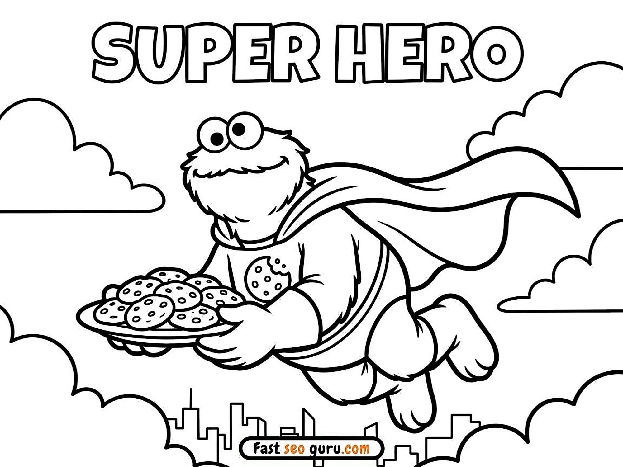 Cookie Monster Superhero Sesame Street Coloring Page – Free Pictures To Color For Kids