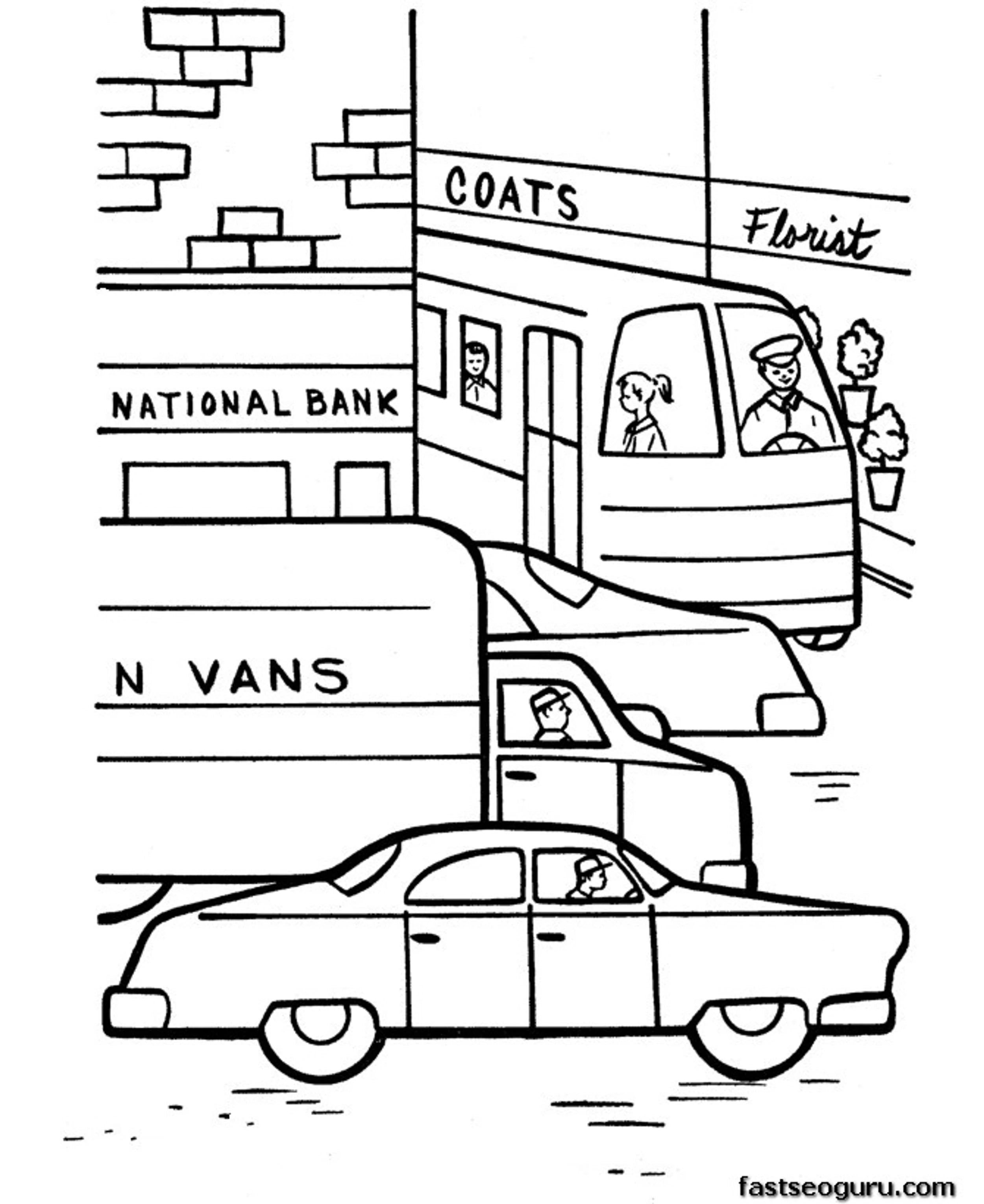 Cars In Town Printable Coloring Pages For Kids
