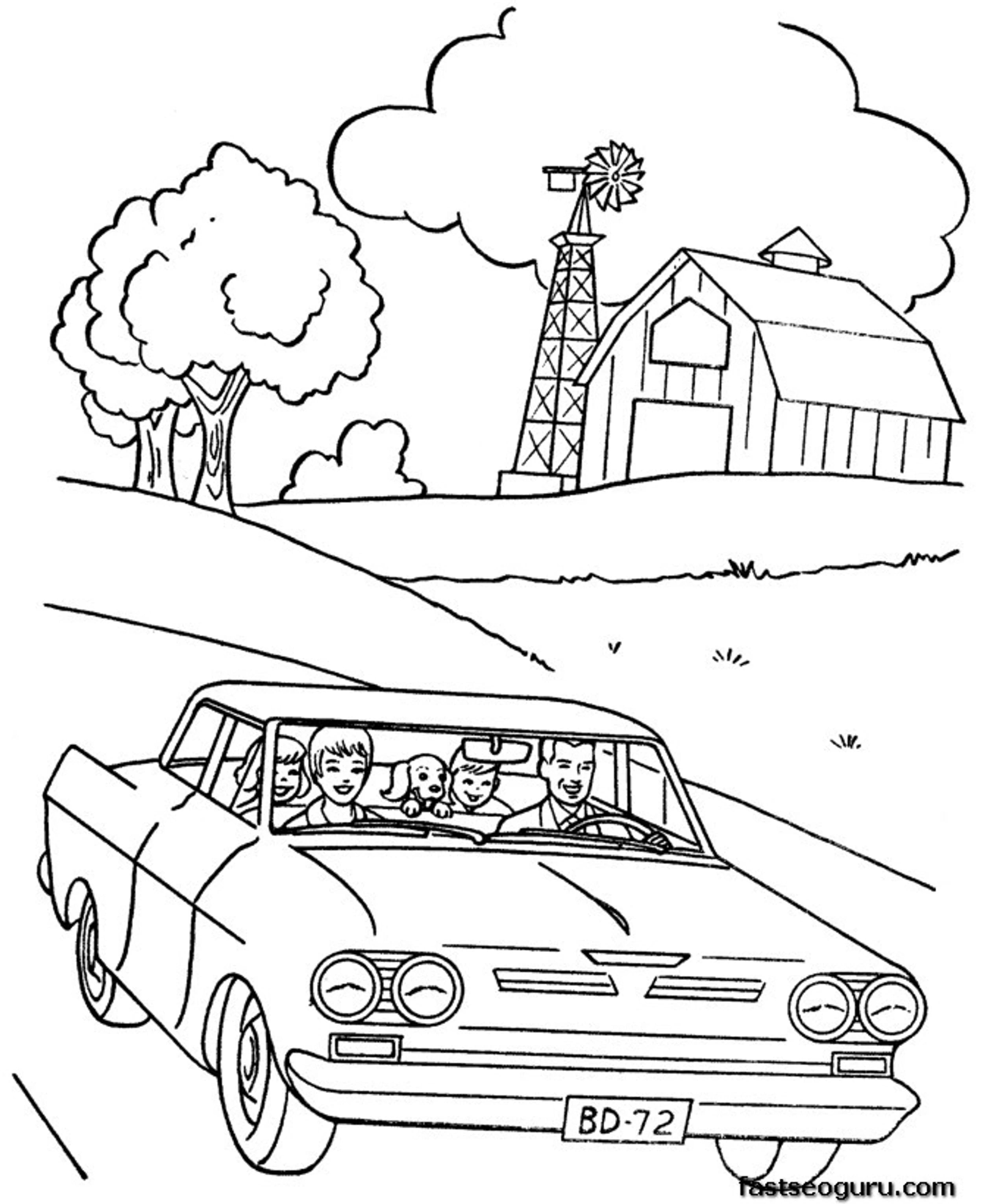 Family On Tour With Car Coloring Sheet